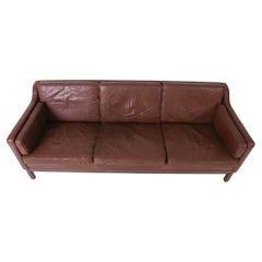 Mid Century Danish Modern Brown Leather 3 Seat Sofa wood Legs
