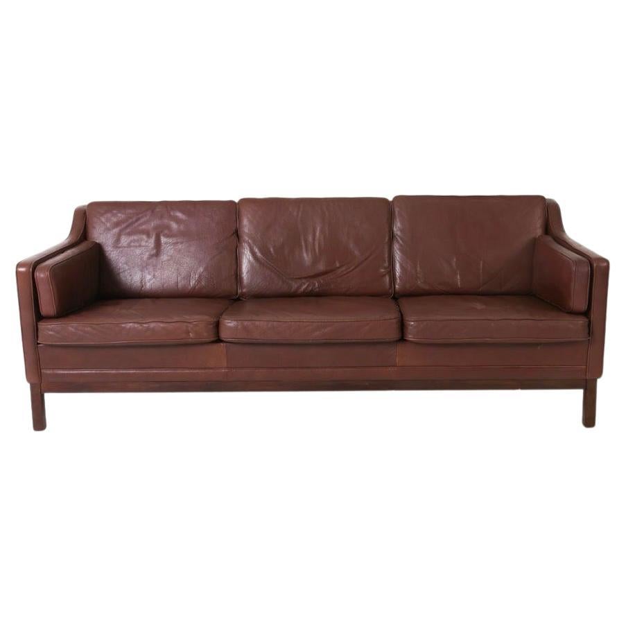 Mid Century Danish Modern Brown Leather 3 Seat Sofa wood Legs For Sale