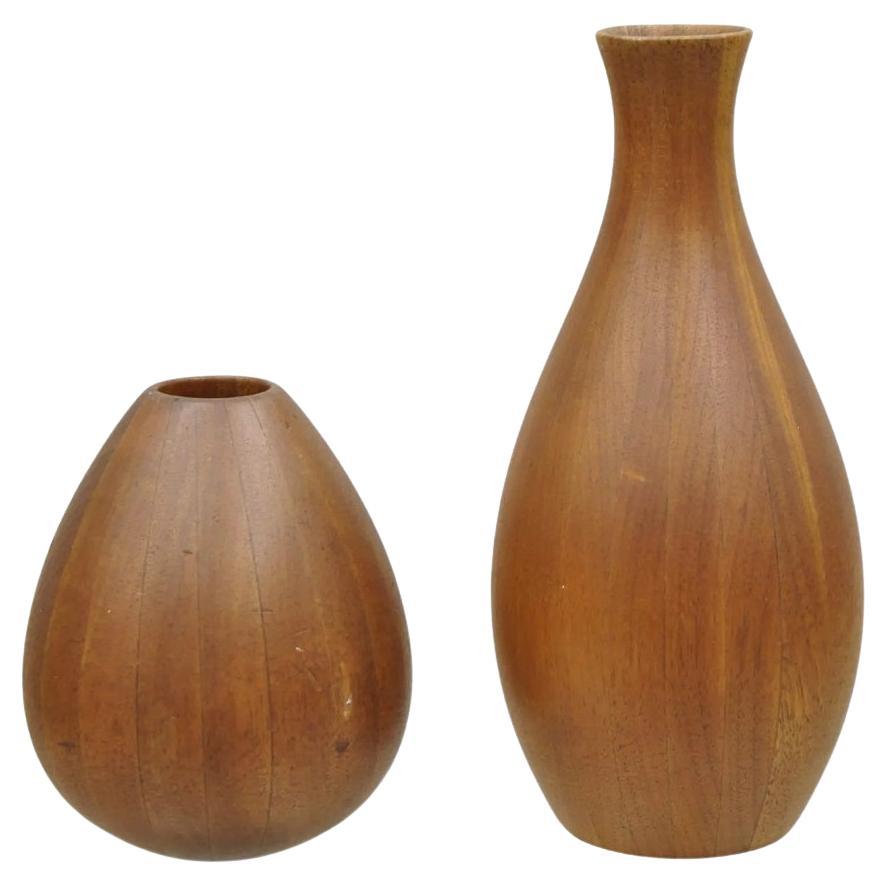 Mid Century Danish Modern Bulbous Sculpted Teak Wood Flower Bud Vase - 2 Pcs