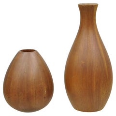 Mid Century Danish Modern Bulbous Sculpted Teak Wood Flower Bud Vase - 2 Pcs
