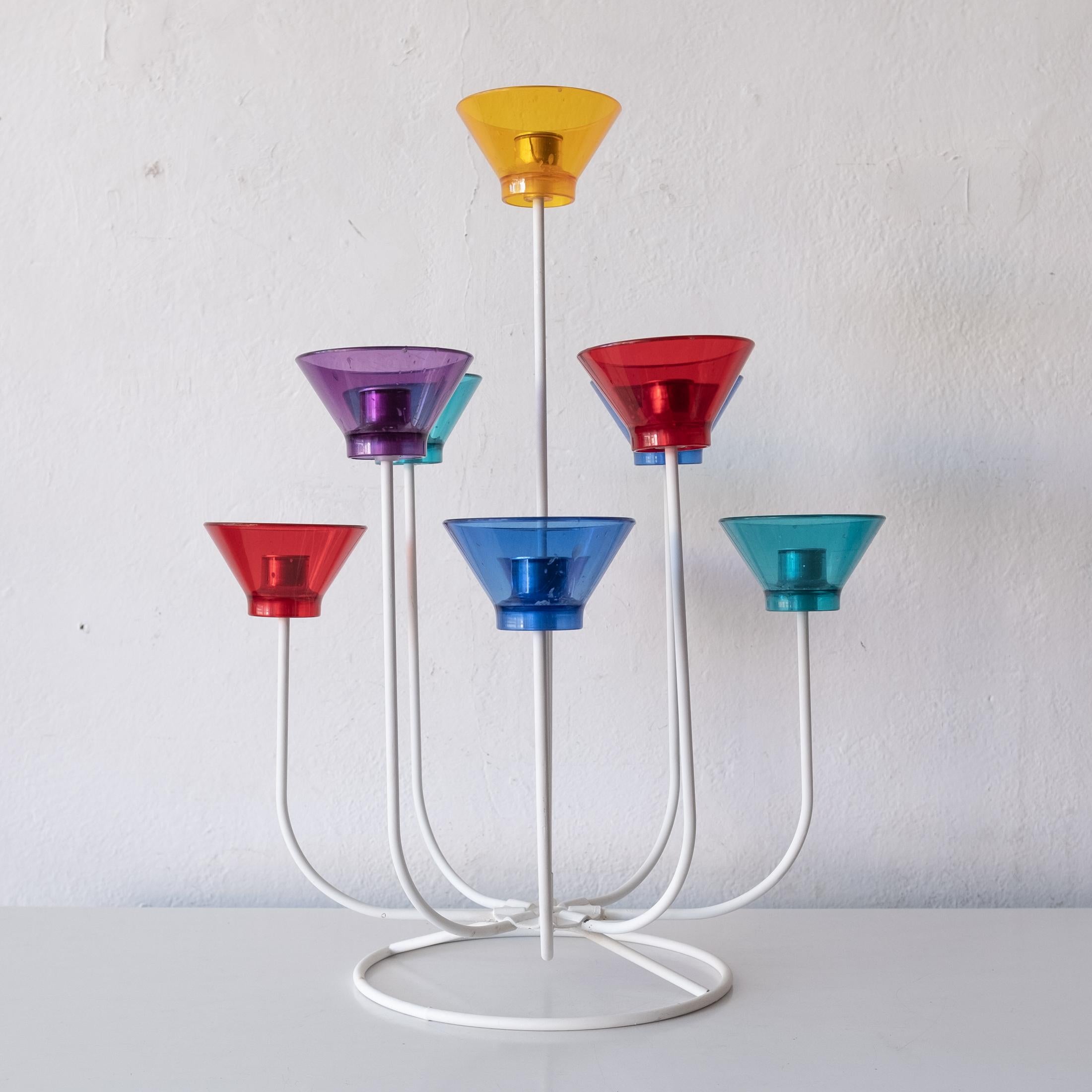 Danish Modern candelabra with metal frame and acrylic cups. Would make a great table centerpiece. Denmark, 1950s.