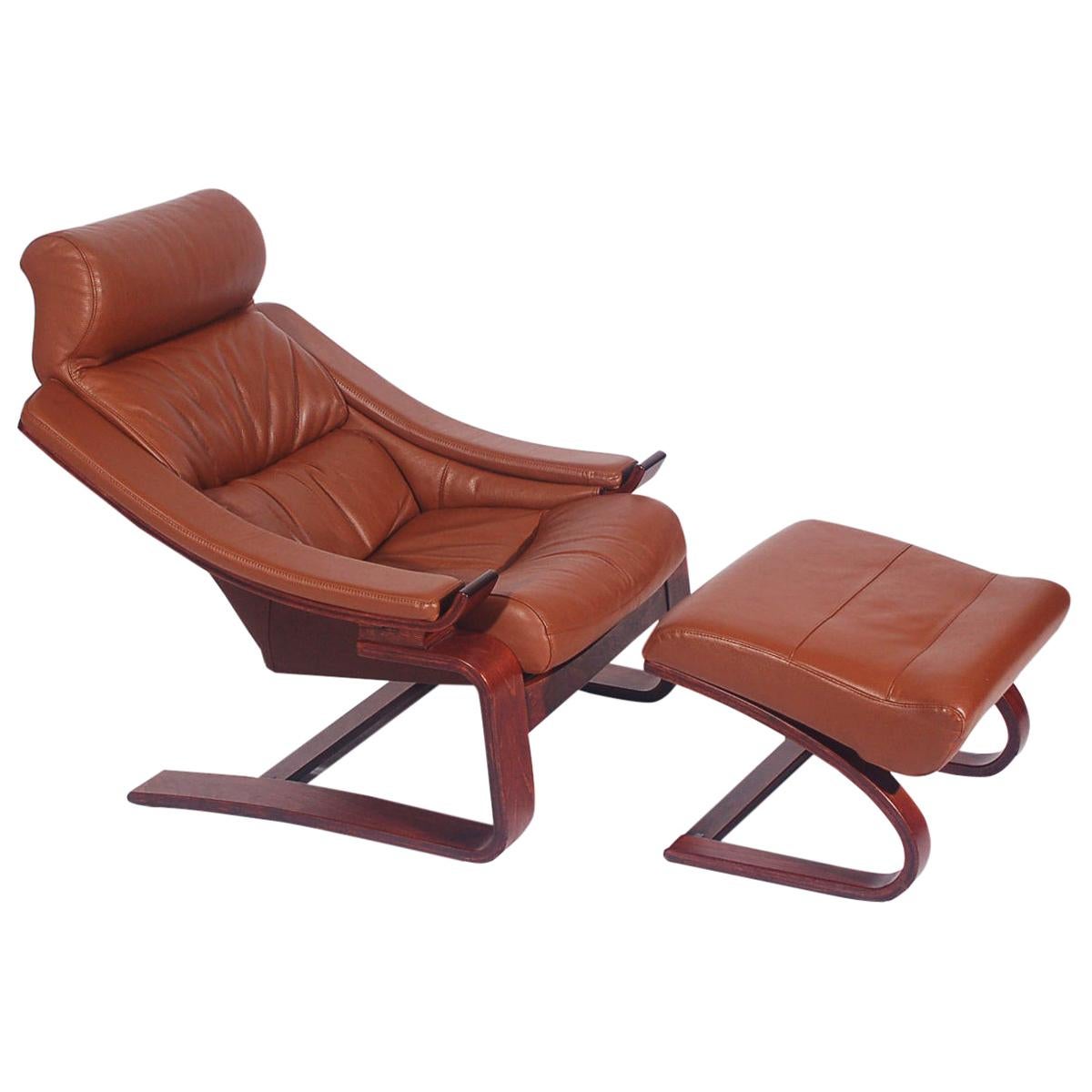 Mid-Century Danish Modern Cantilevered Leather Lounge Chair with Foot Stool