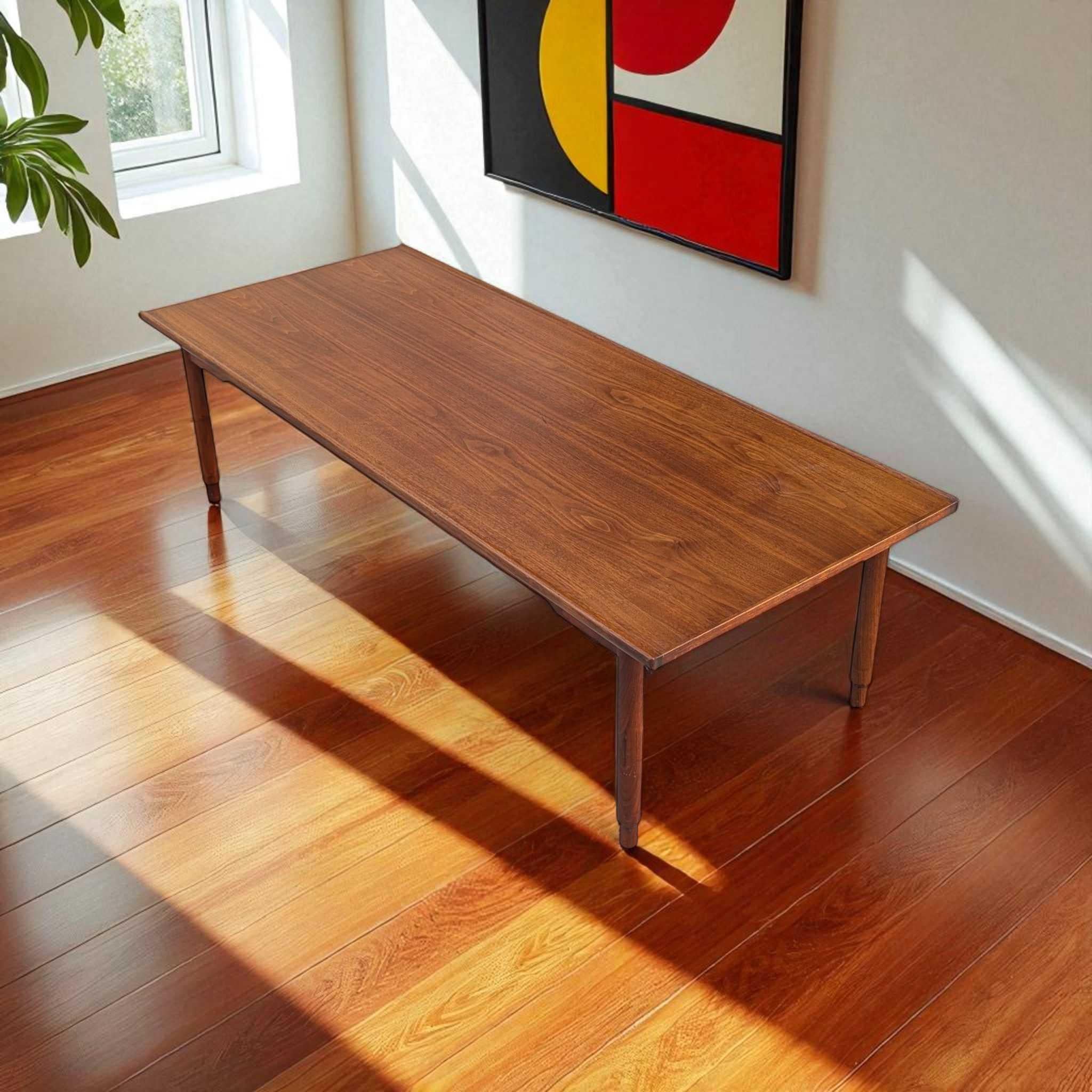 A beautifully proportioned Danish Modern coffee table, crafted in the 1960s and showcasing refined Scandinavian design. The long rectangular top highlights the natural grain of the wood, supported by subtly sculpted round legs with elegant joinery