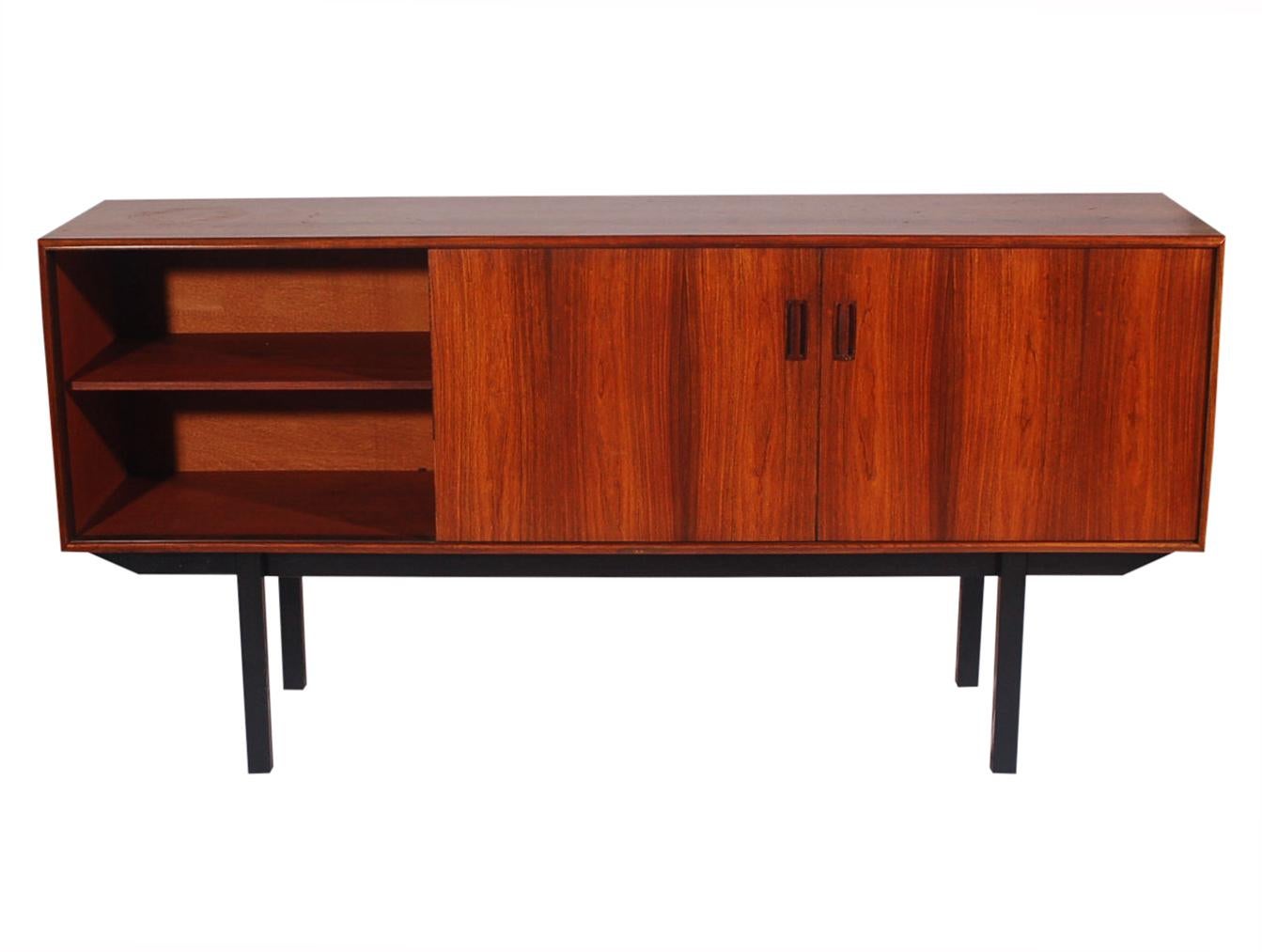 Wood Midcentury Danish Modern Credenza or Cabinet in Rosewood with Black Legs
