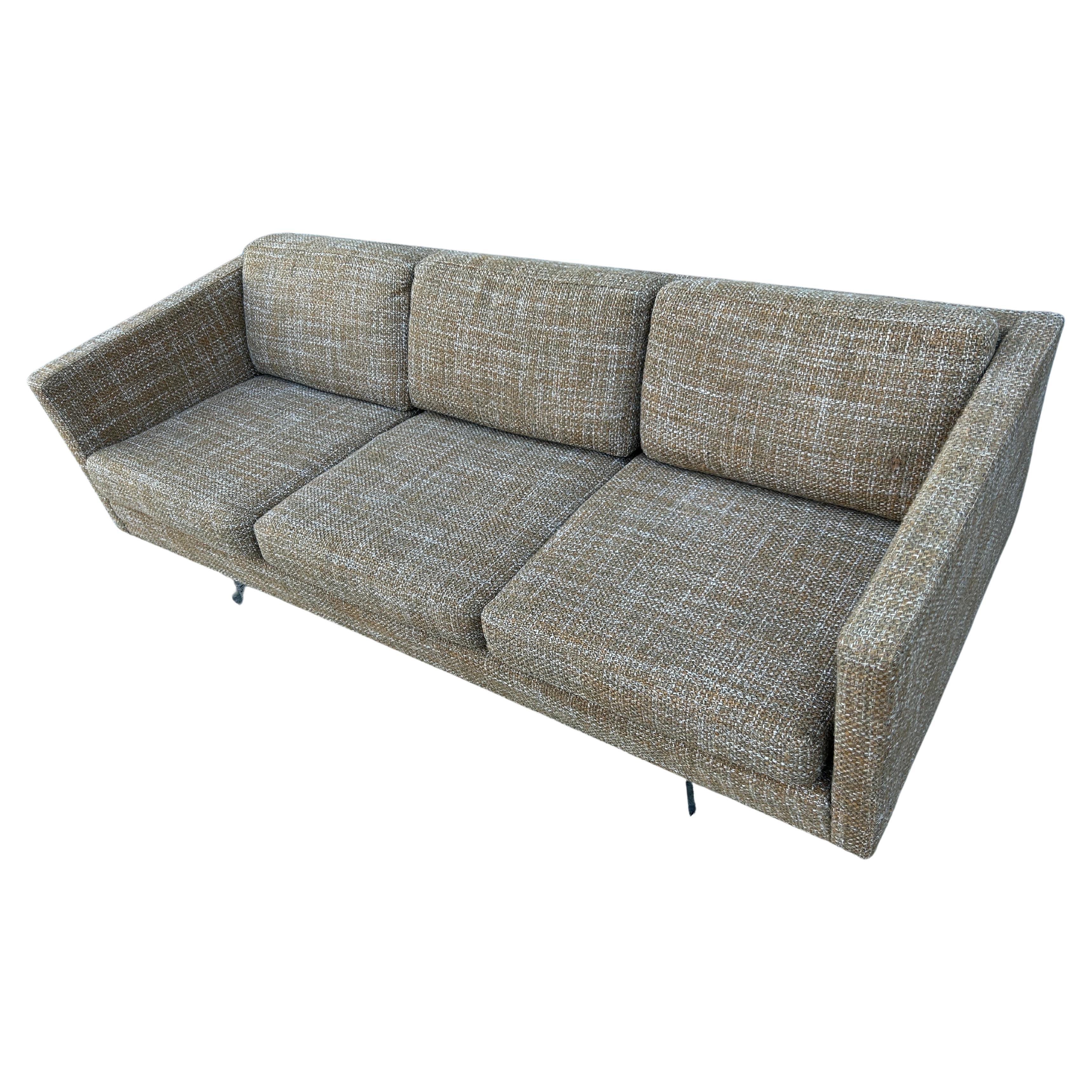 Mid-20th Century Mid-Century Danish Modern Cube 3 Seat Sofa in Brown Woven Upholstery For Sale