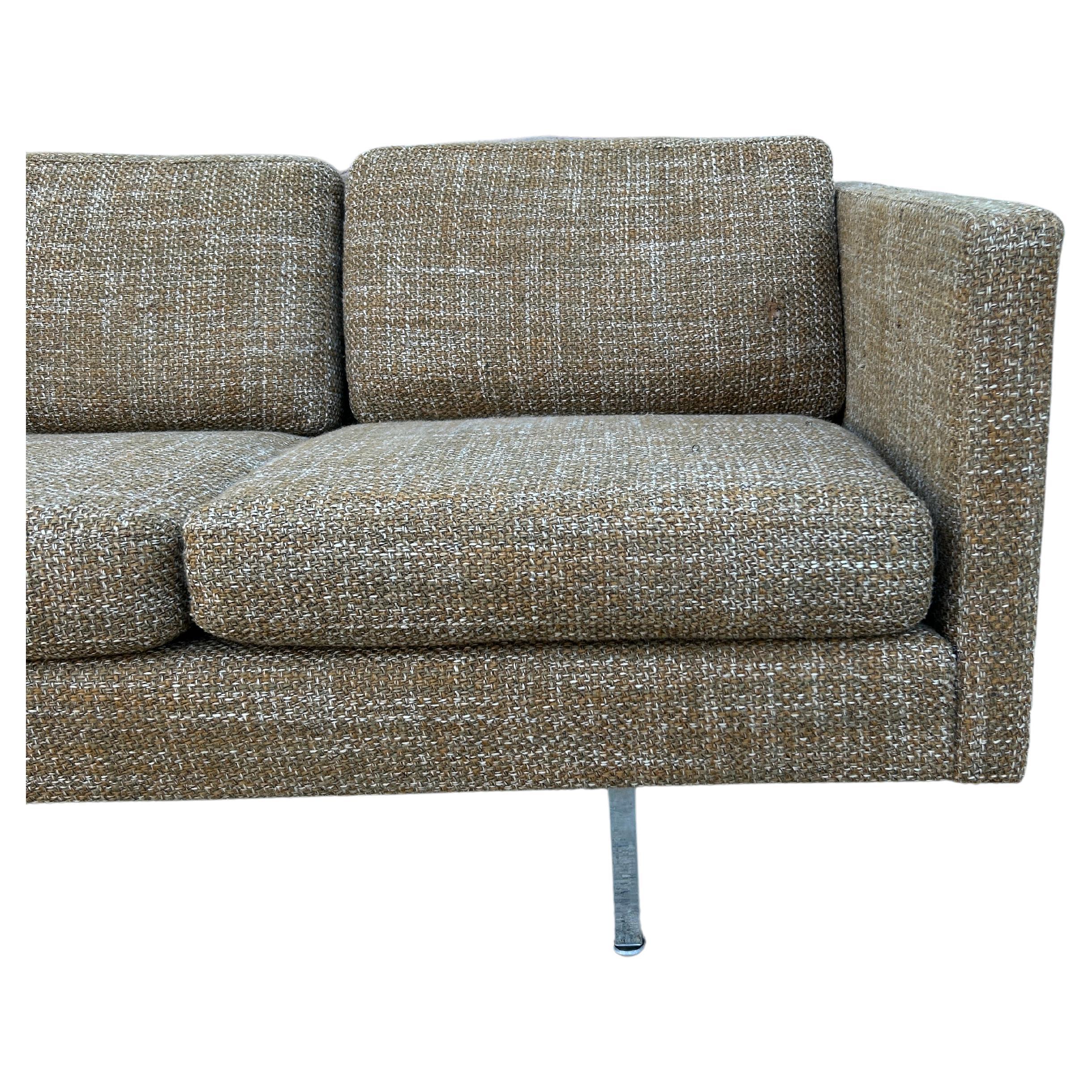 Chrome Mid-Century Danish Modern Cube 3 Seat Sofa in Brown Woven Upholstery For Sale