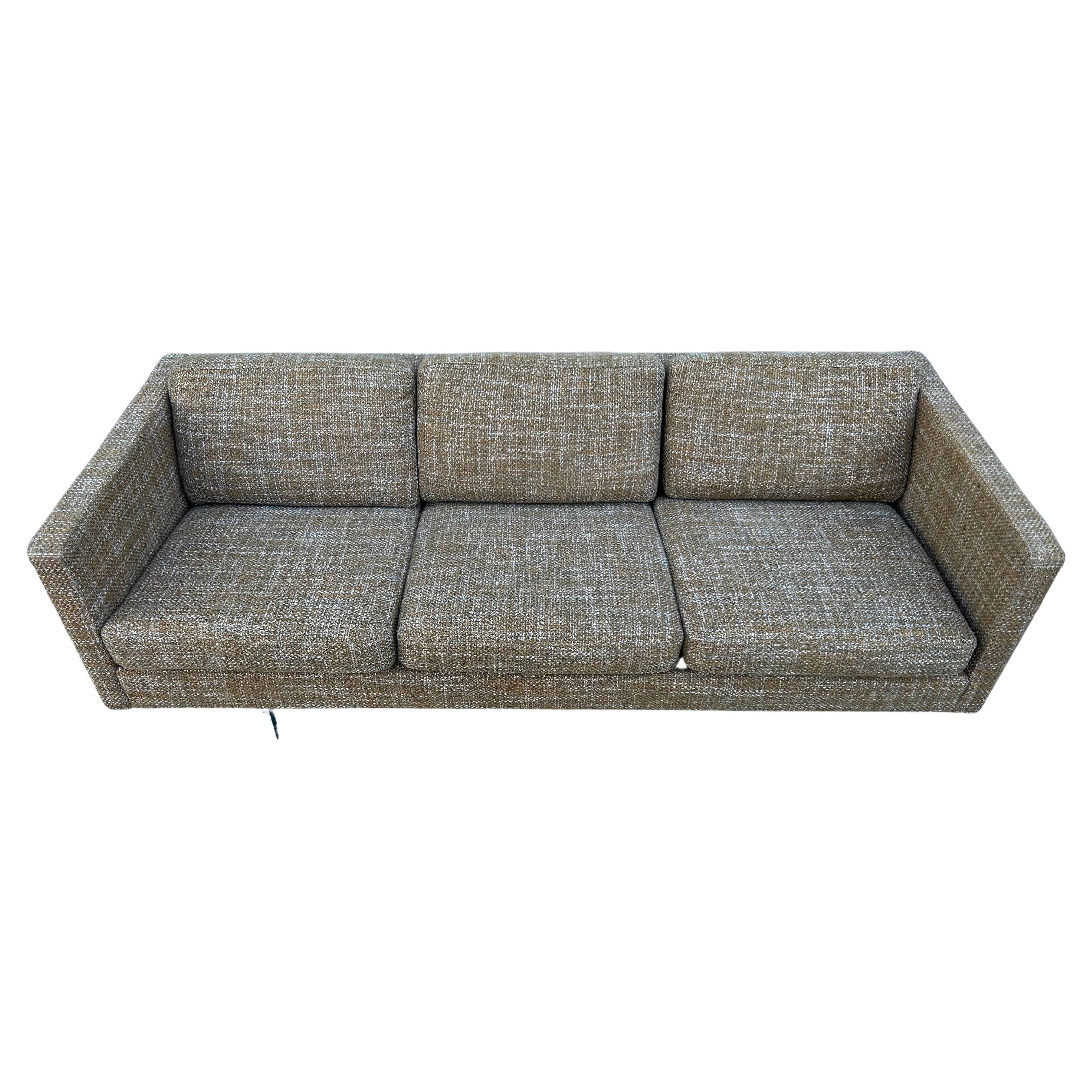 Mid-Century Danish Modern Cube 3 Seat Sofa in Brown Woven Upholstery For Sale 1