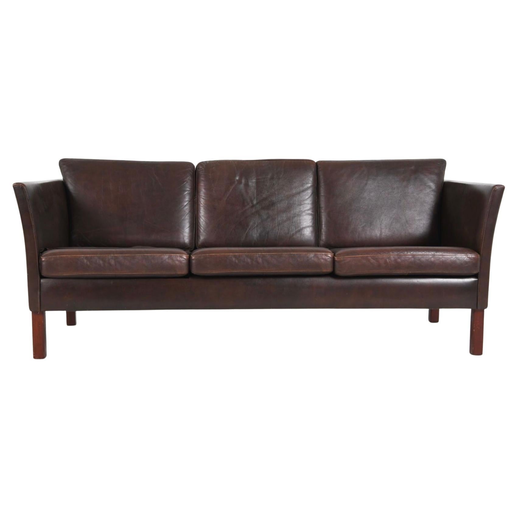 Mid Century Danish Modern dark Brown Leather 3 Seat Sofa wood Legs
