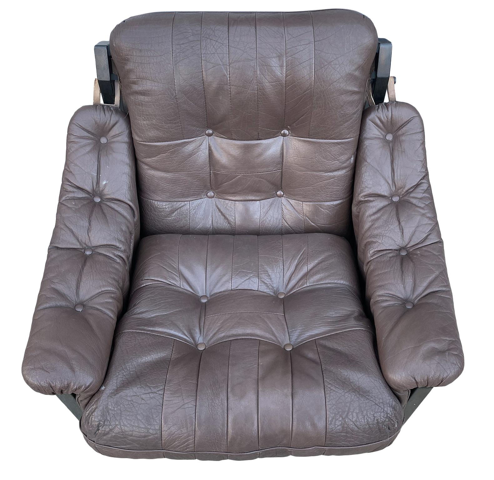 Mid-Century Modern Midcentury Danish Modern Dark Brown Leather Sling Safari Low Lounge Chair