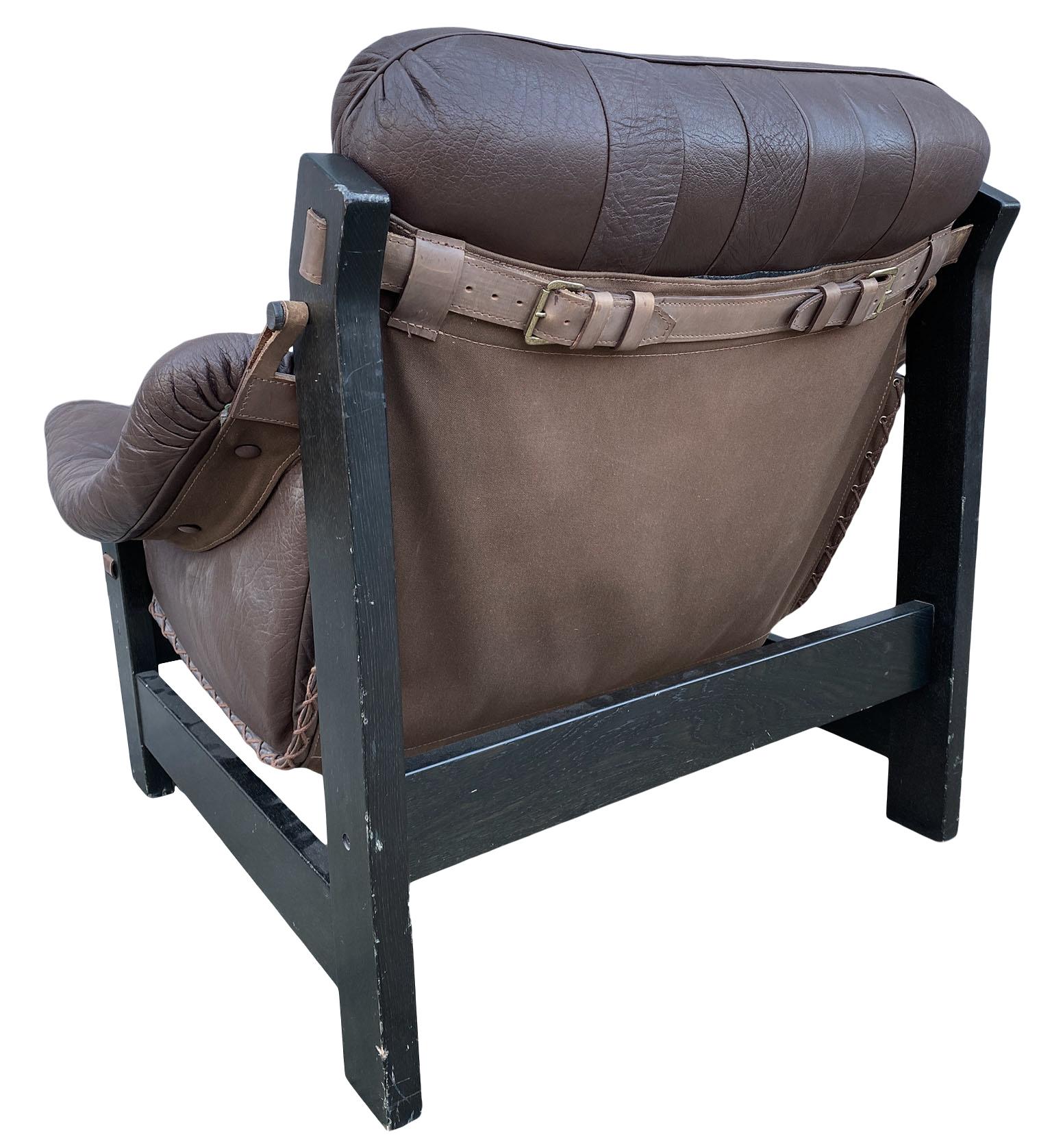 Unknown Midcentury Danish Modern Dark Brown Leather Sling Safari Low Lounge Chair