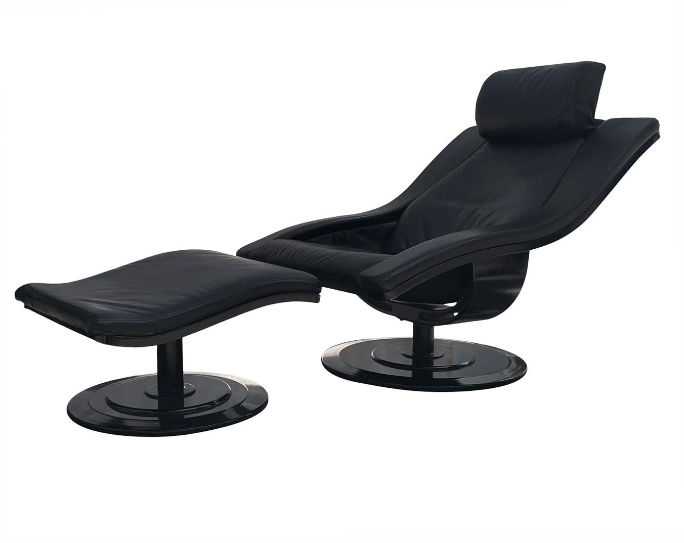 Swedish Mid-Century Danish Modern Ebony & Leather Swivel Lounge Chair & Ottoman Set For Sale