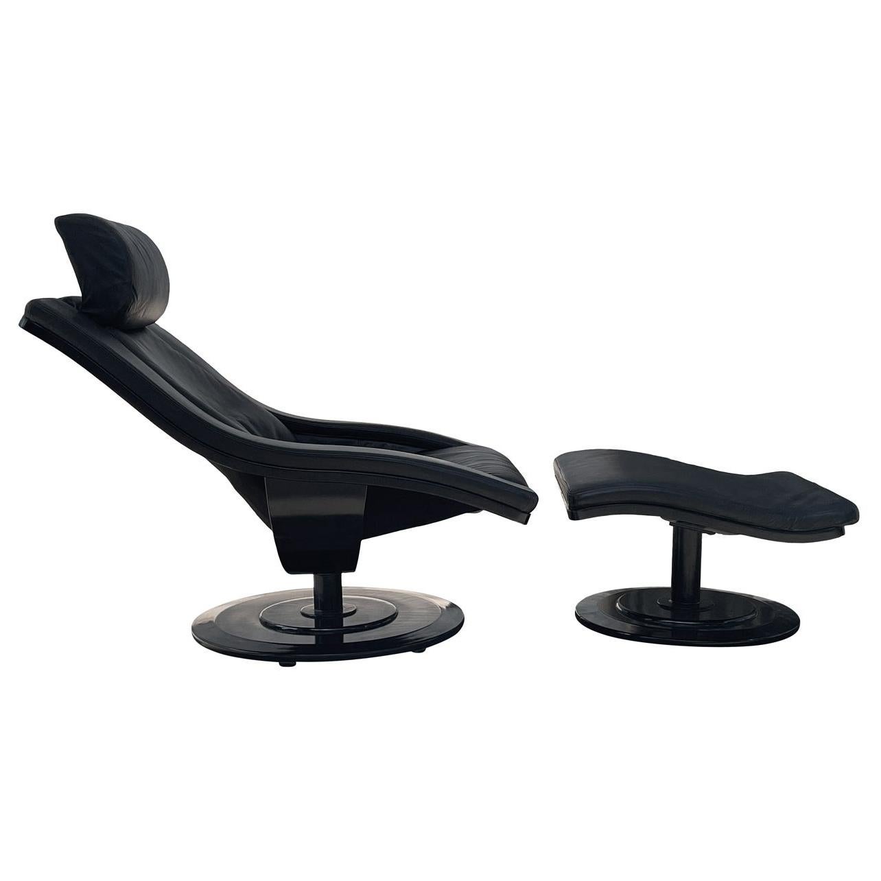 Mid-Century Danish Modern Ebony & Leather Swivel Lounge Chair & Ottoman Set
