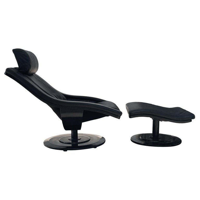 Mid-Century Danish Modern Ebony & Leather Swivel Lounge Chair & Ottoman Set For Sale