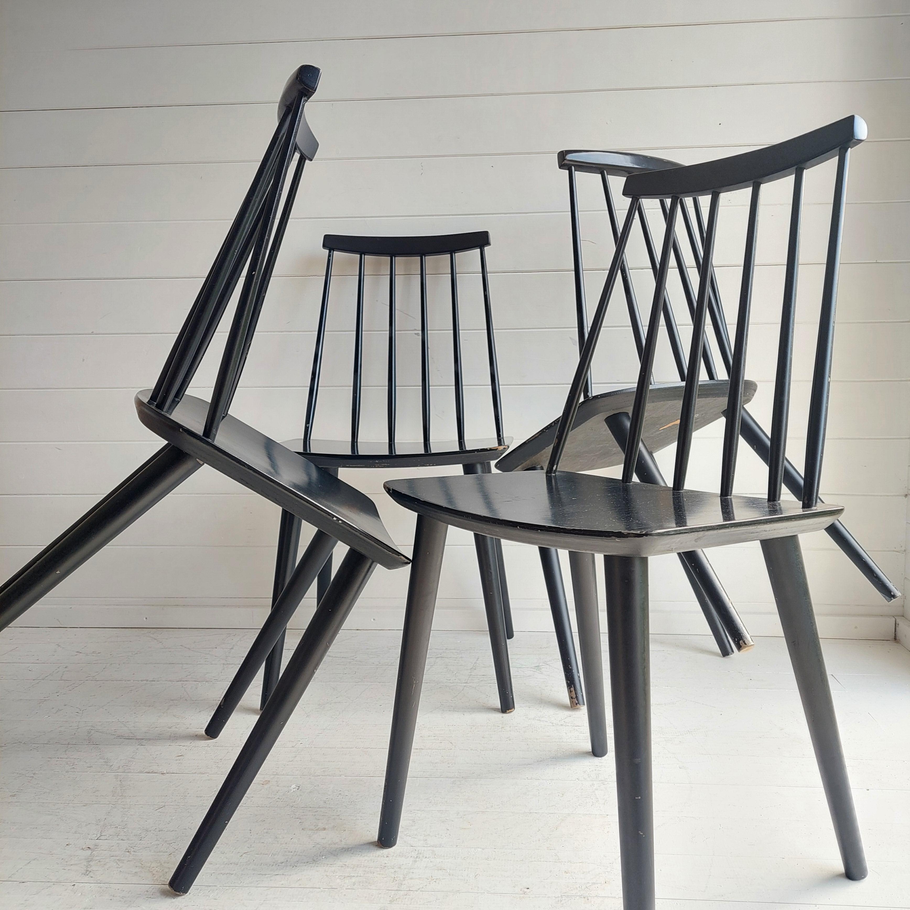 Thomas Harlev for Farstrup Mobelfabrik Danish mid century dining chairs
Set of 4
Danish 60s chairs made by Farstrup Møbler. 
The chairs are kept in original, very good condition with original tags undermeath
The furniture is a great example of