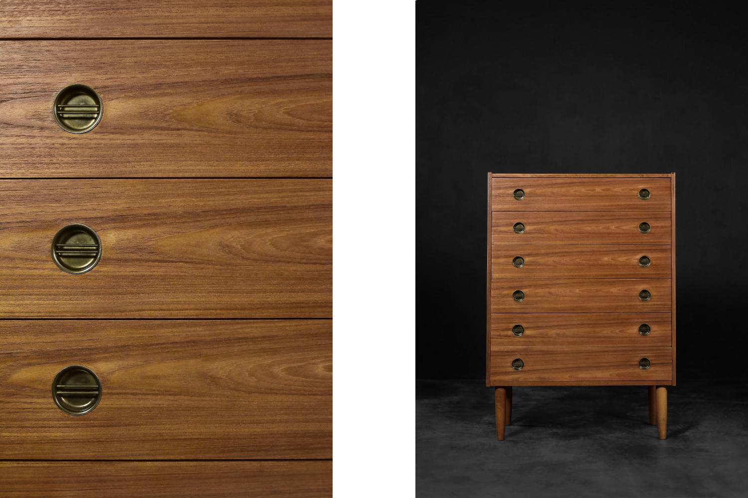 This high chest of drawers was made in Denmark during the 1960s. This type of chest of drawers is often referred to as Highboy. It is finished in high-quality teak wood in a warm shade of brown with visible, interesting graining. It has six drawers.