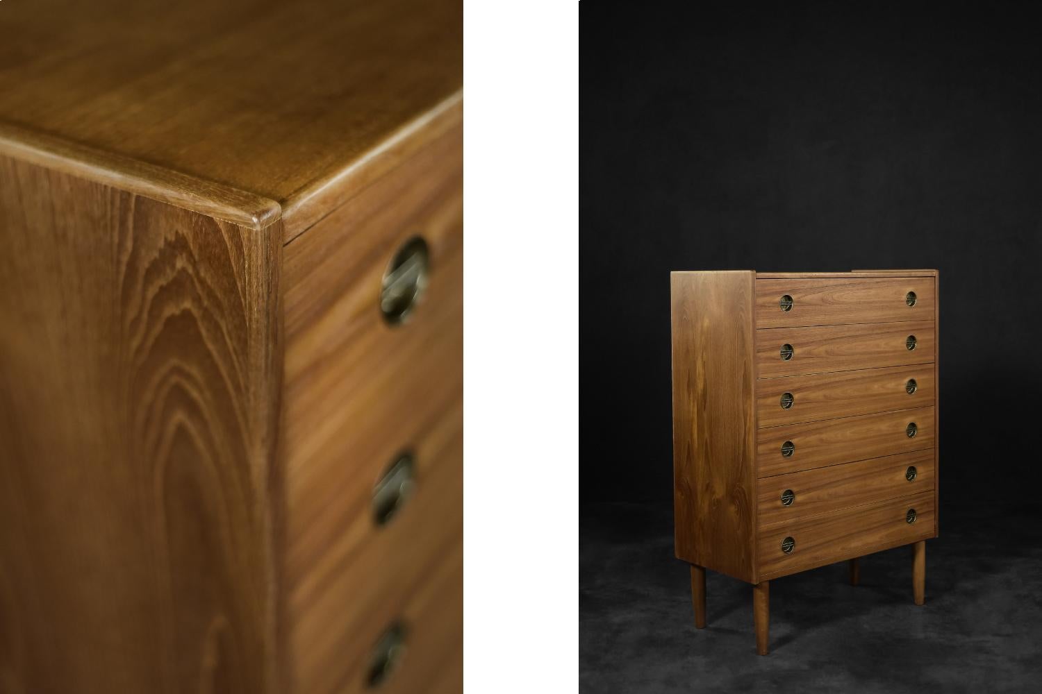 Mid-Century Danish Modern High Teak Highboy Chest of Drawers with Brass Handles In Good Condition For Sale In Warszawa, Mazowieckie
