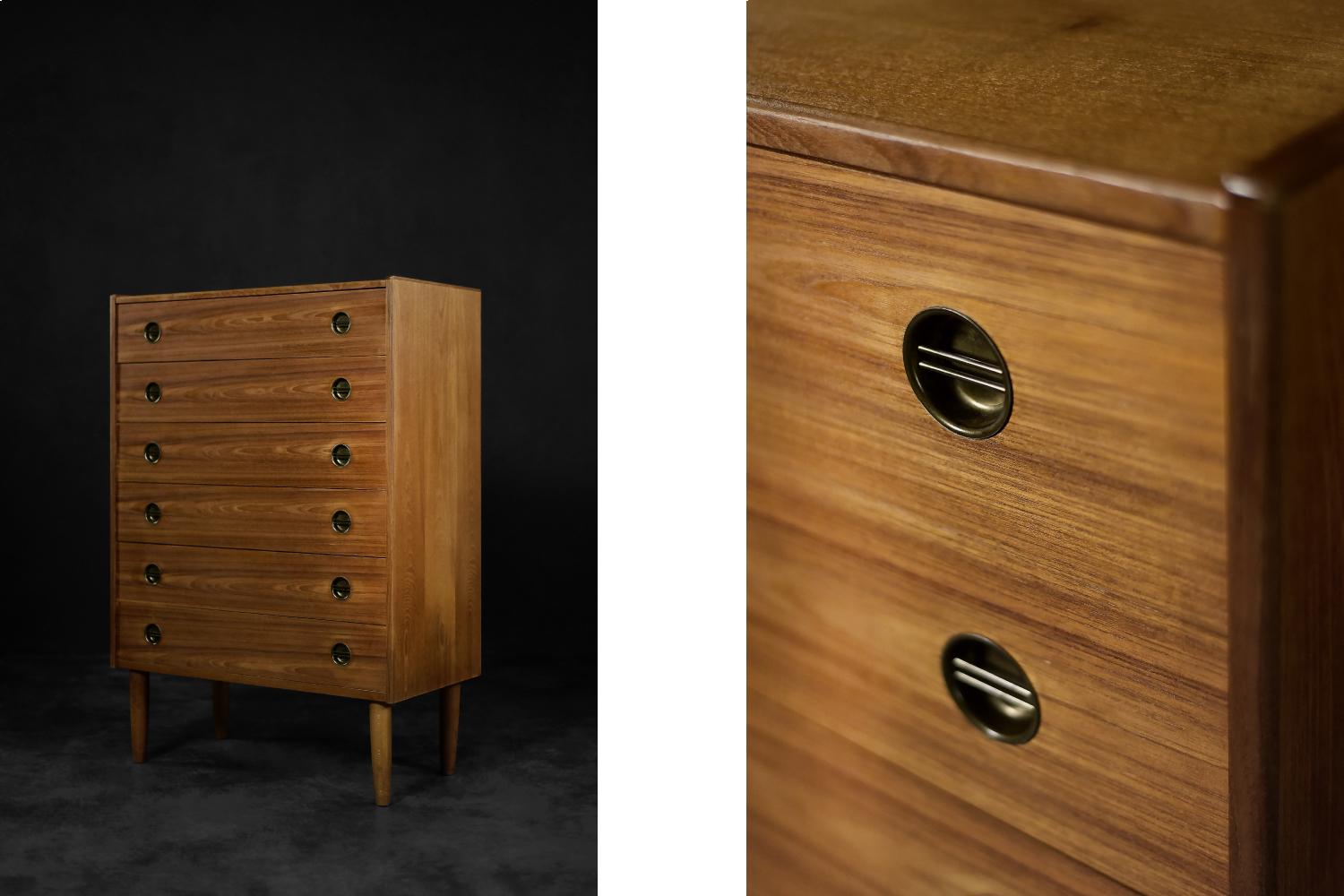 Mid-Century Danish Modern High Teak Highboy Chest of Drawers with Brass Handles For Sale 1