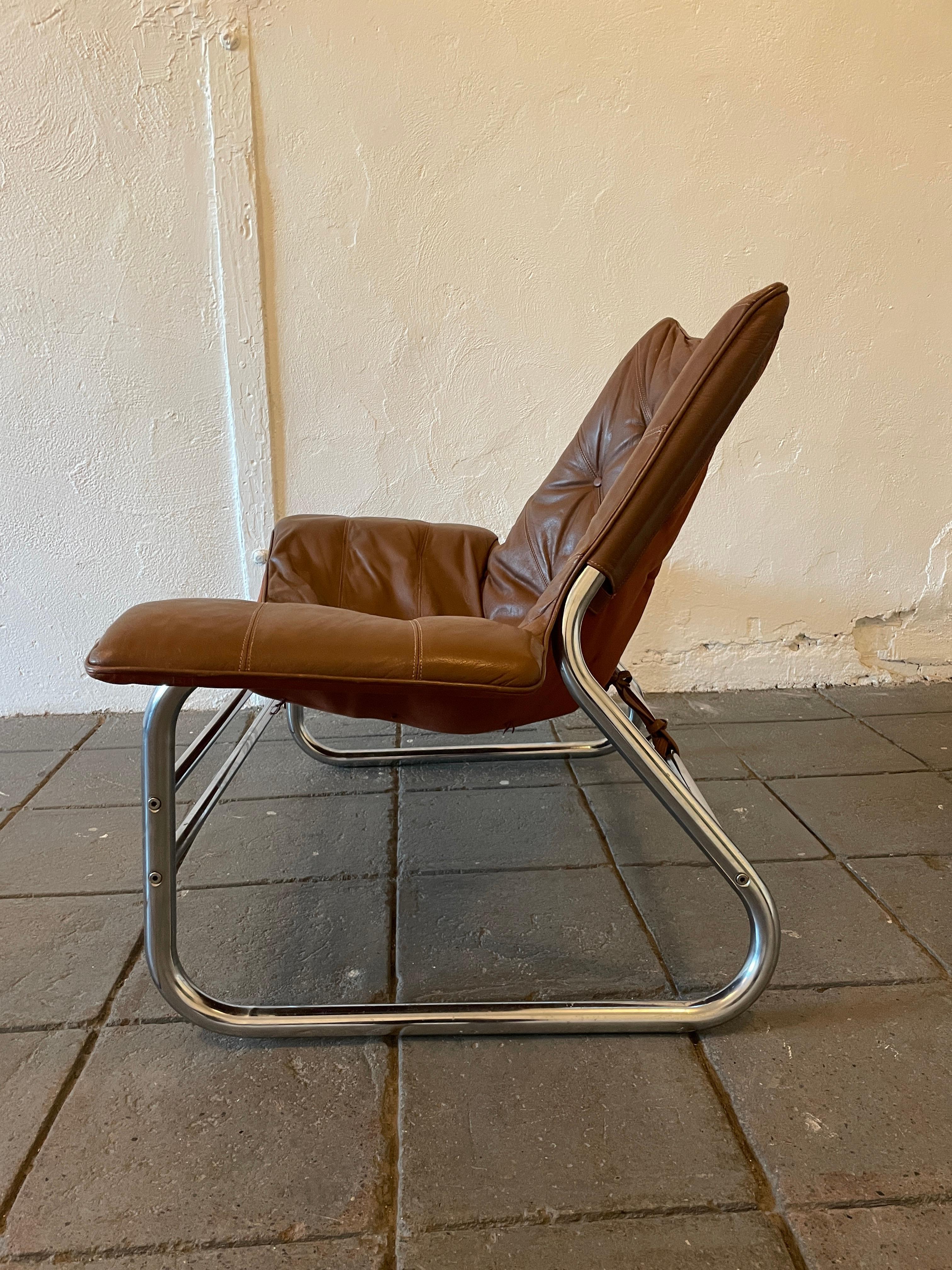 Mid-Century Modern Mid Century Danish Modern Johan Bertil Corset Brown Leather Sling Lounge Chair