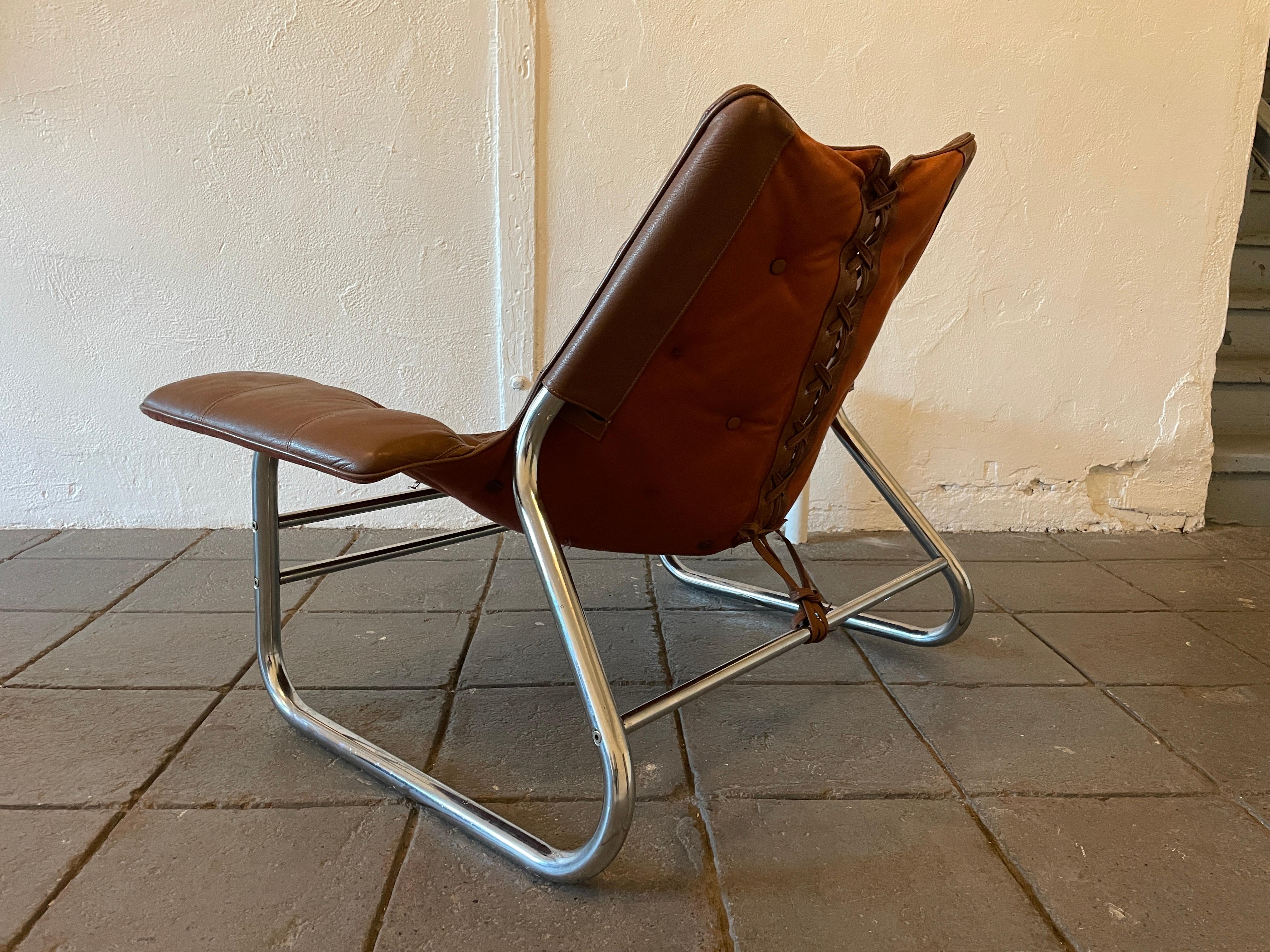 20th Century Mid Century Danish Modern Johan Bertil Corset Brown Leather Sling Lounge Chair