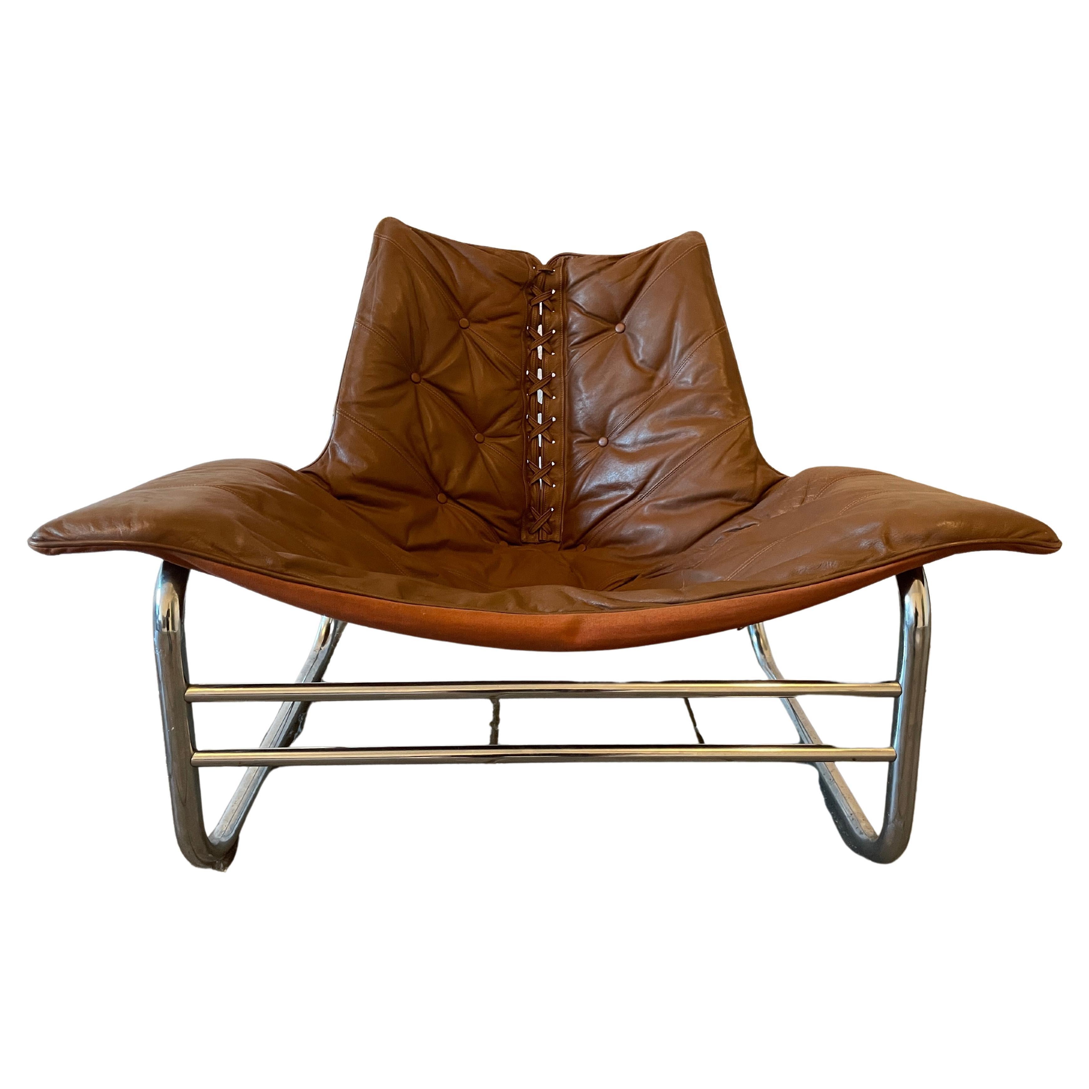 Mid Century Danish Modern Johan Bertil Corset Brown Leather Sling Lounge Chair