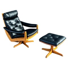 Retro Mid-Century Danish Modern Leather Reclining Lounge Chair, Stool by Lied Mobler