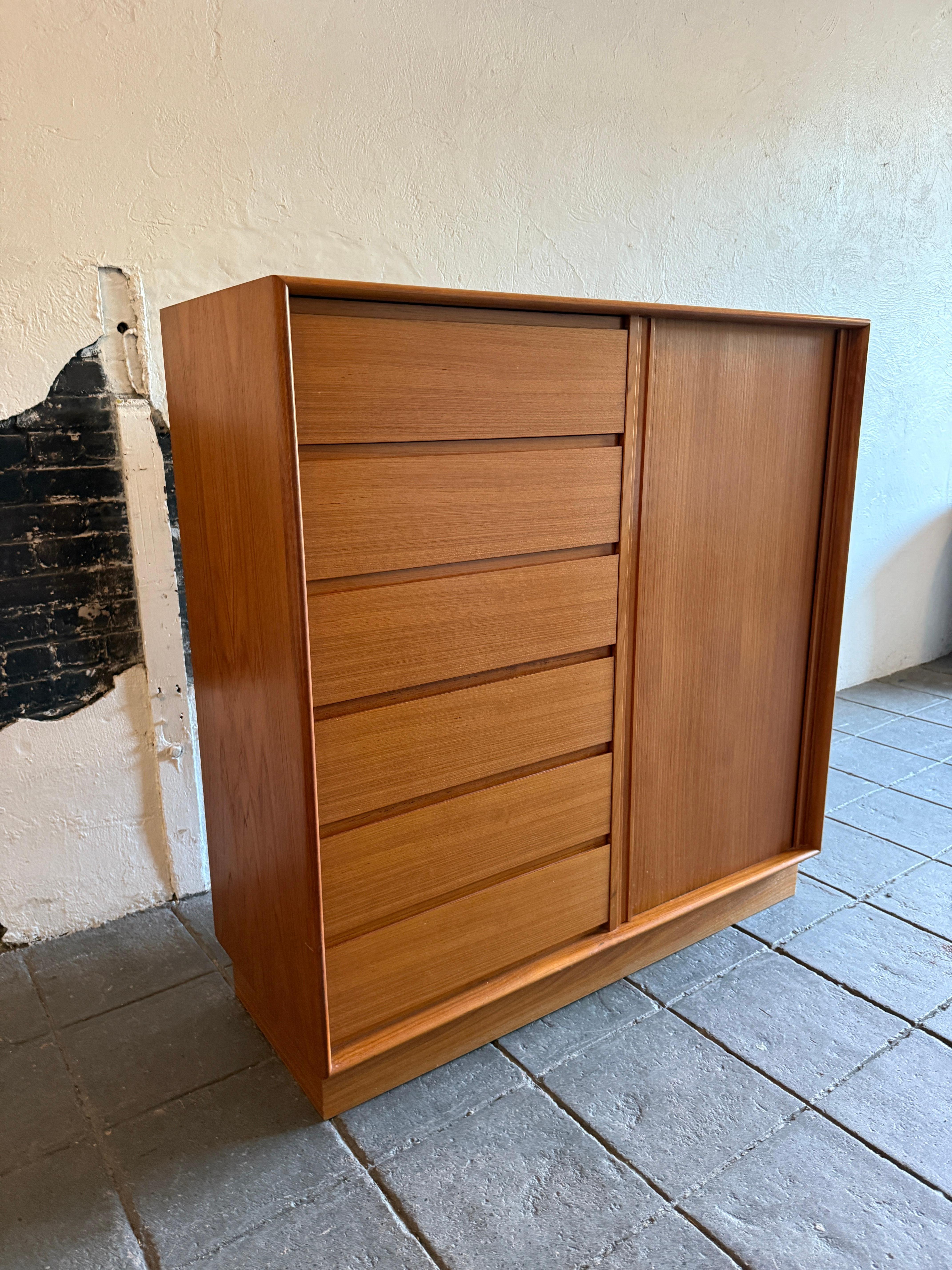 Danish Mid century danish modern light teak tall wide wardrobe dresser by Art Furn For Sale