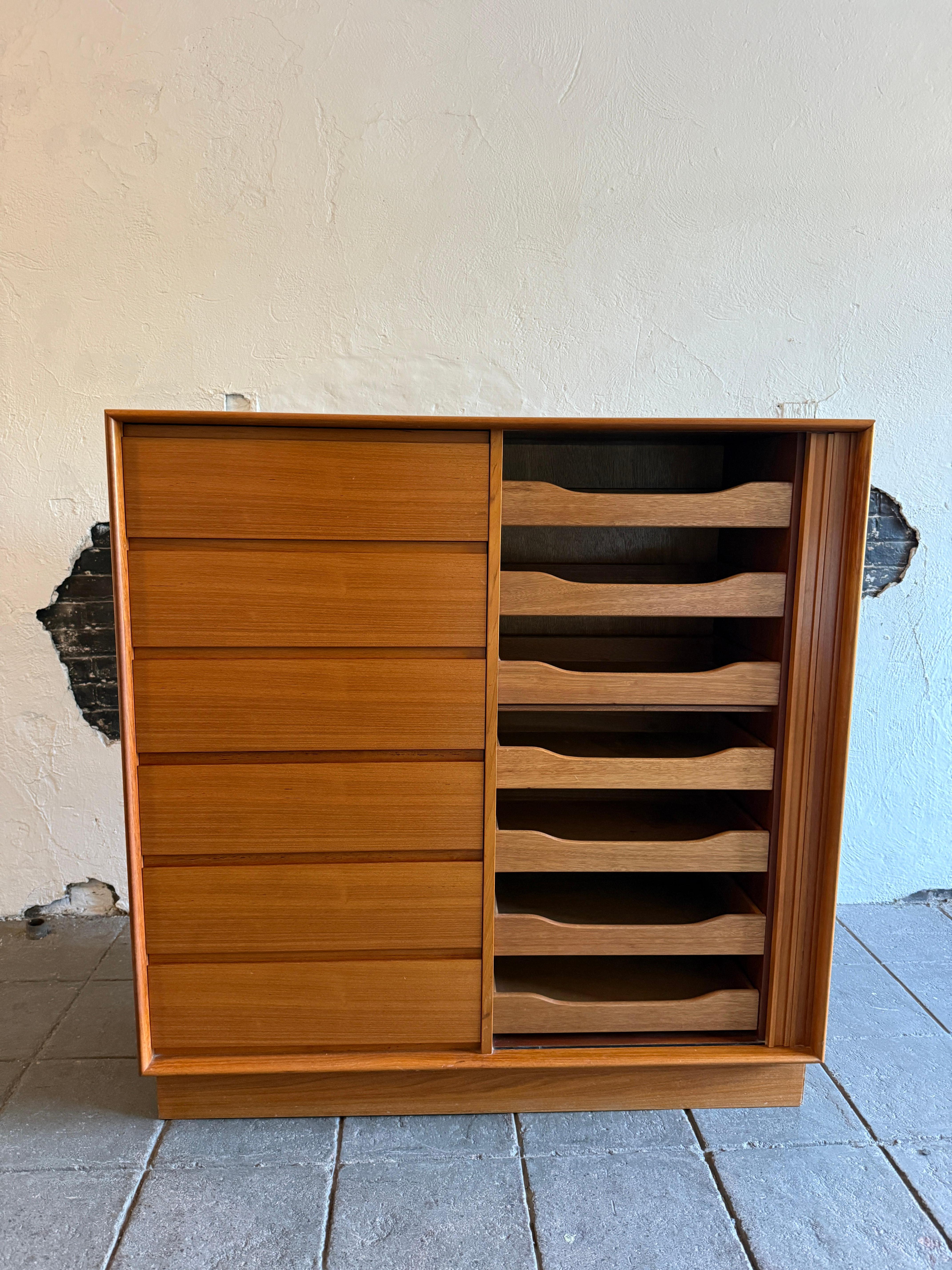Woodwork Mid century danish modern light teak tall wide wardrobe dresser by Art Furn For Sale