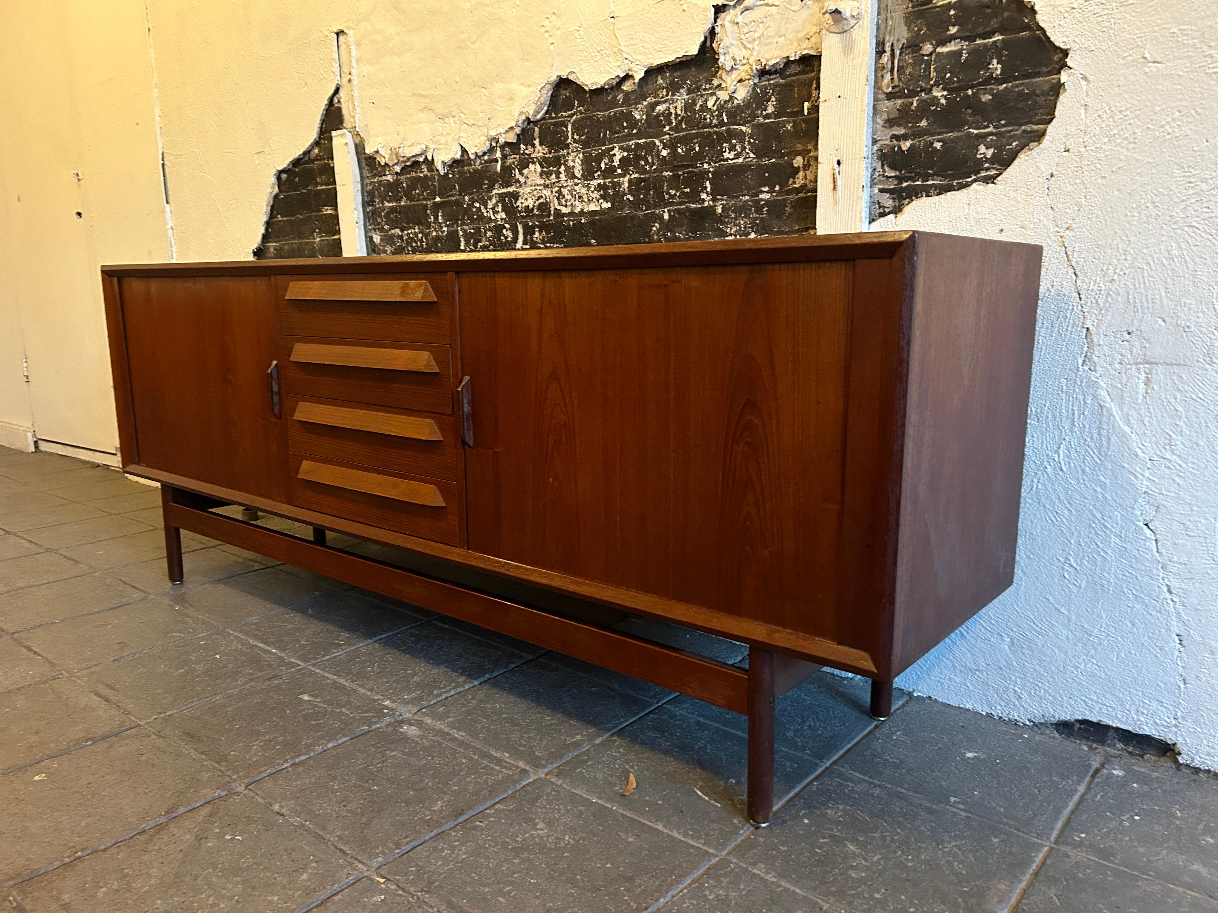 Woodwork Mid century Danish Modern Long Teak Credenza with Tambour Doors Kofod Larsen For Sale
