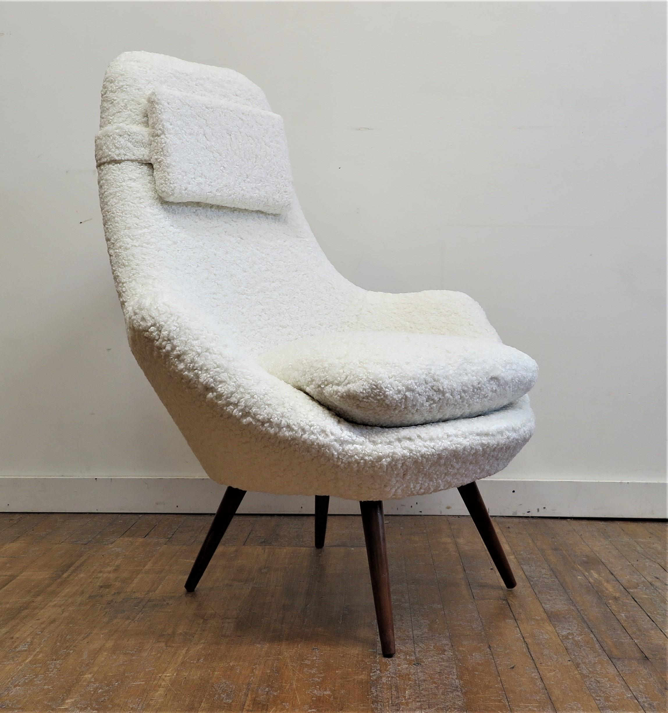 Faux Fur Mid Century Danish Modern Lounge Chair with Ottoman