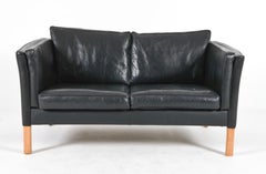 Mid century Danish Modern Low Curved Arm Black Leather 2 Seat Sofa oak Legs
