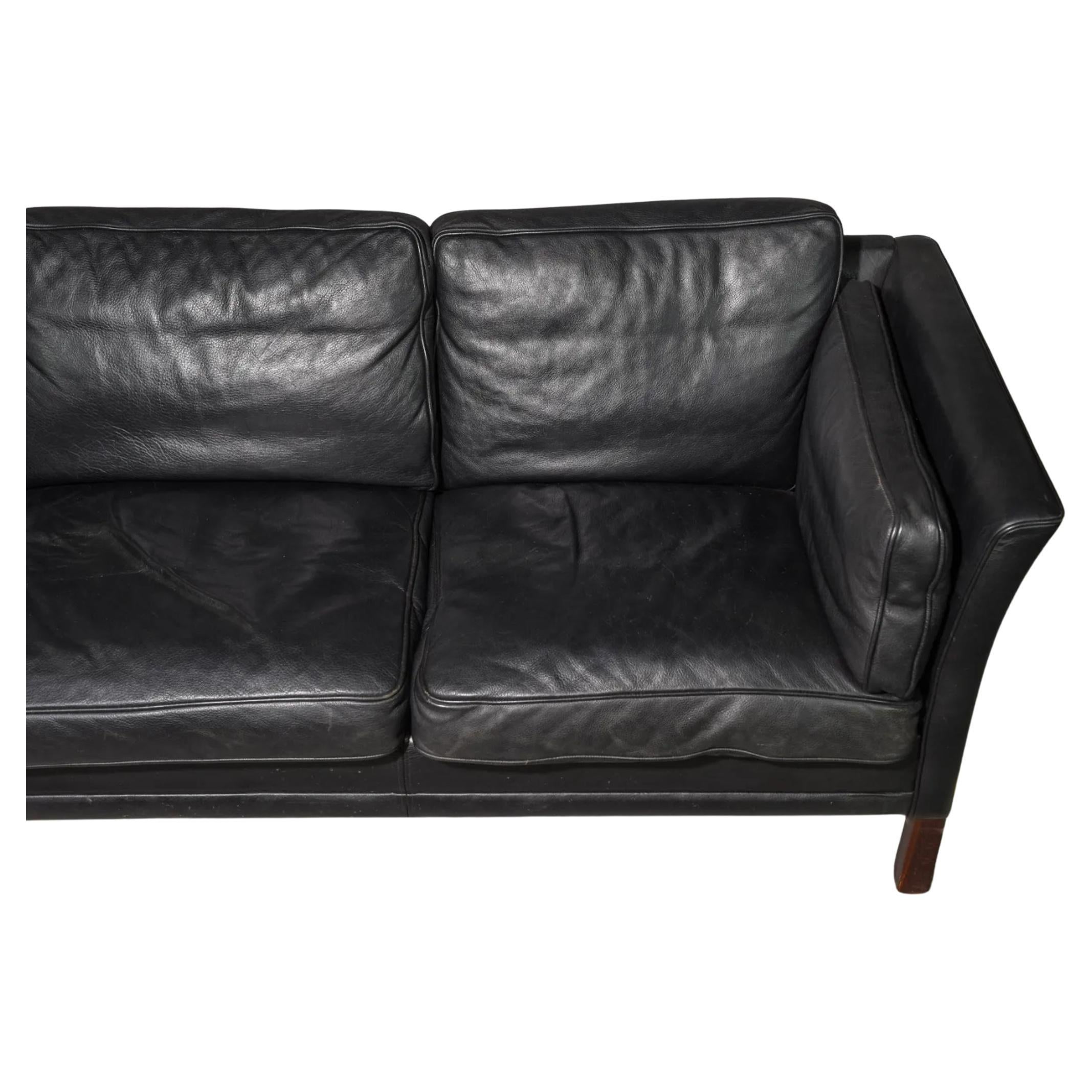 Mid-Century Modern Midcentury Danish Modern Low Curved Arm Black Leather 3 Seat Sofa Wood Legs