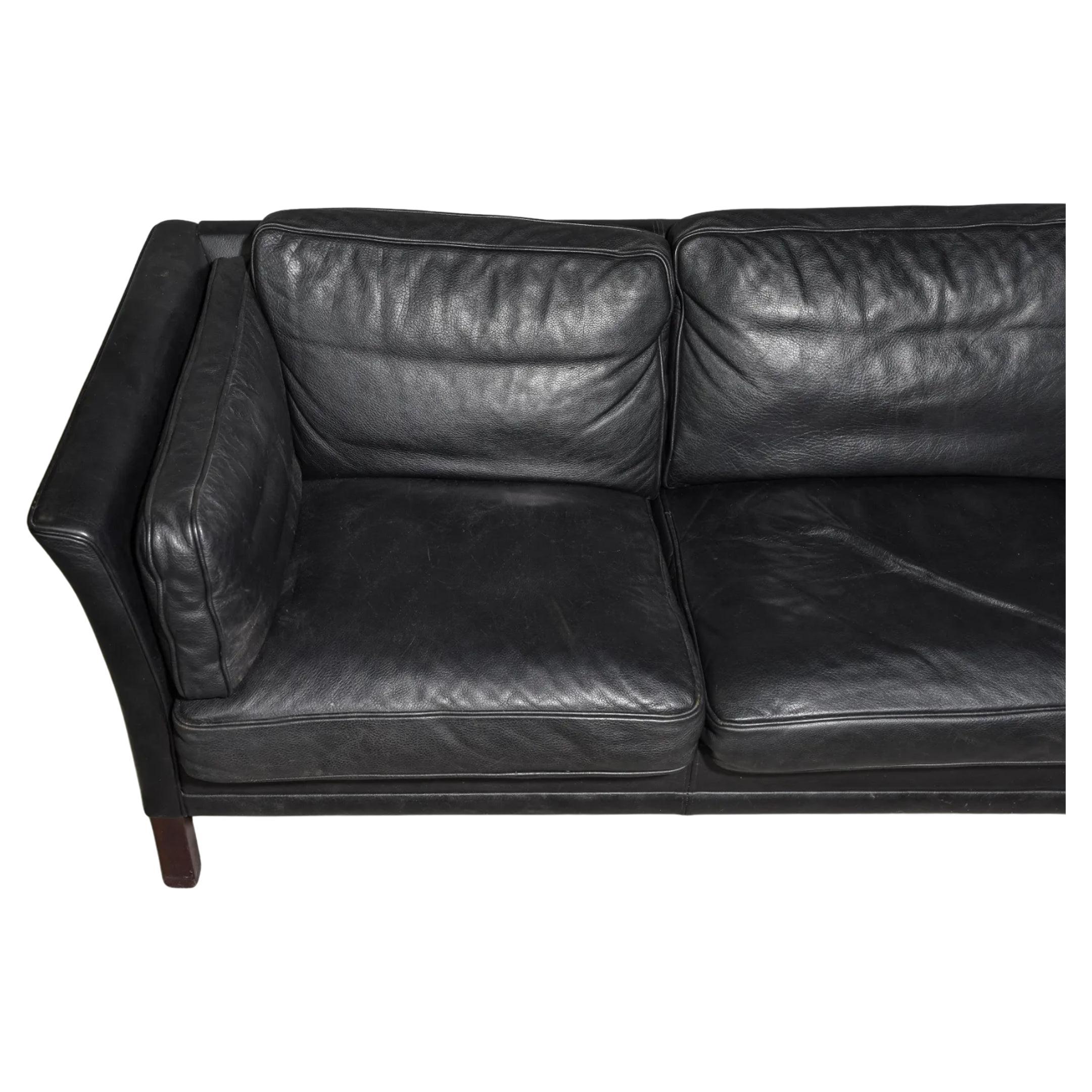 Woodwork Midcentury Danish Modern Low Curved Arm Black Leather 3 Seat Sofa Wood Legs