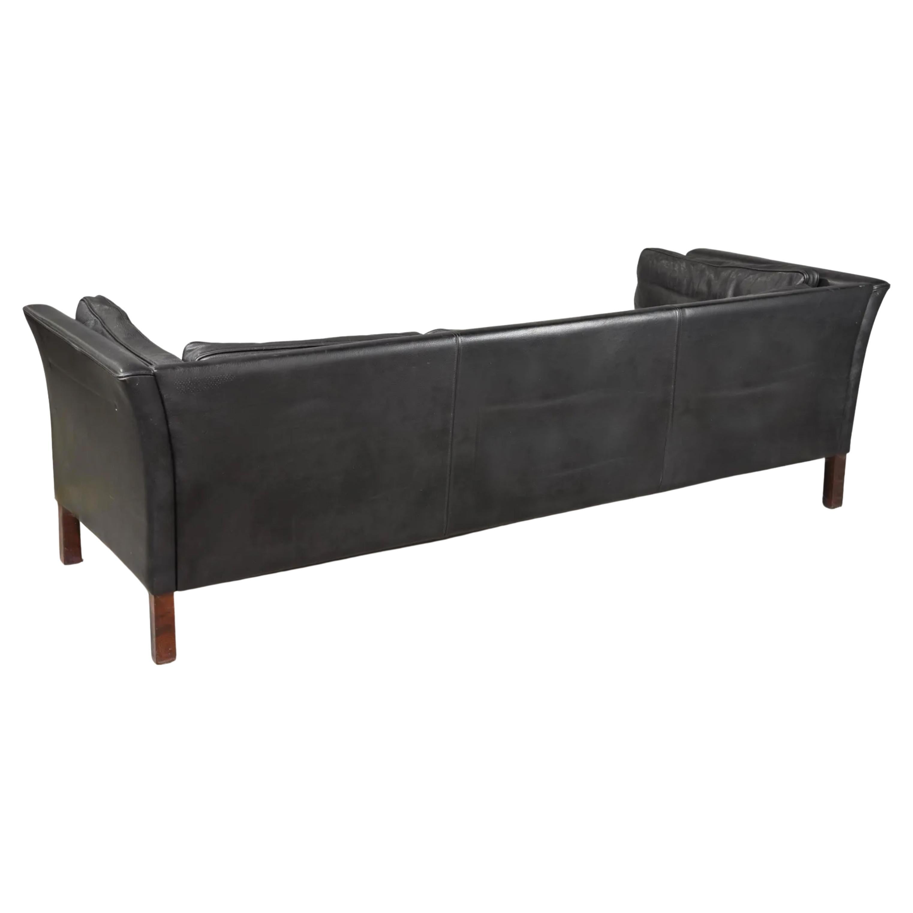 Midcentury Danish Modern Low Curved Arm Black Leather 3 Seat Sofa Wood Legs In Good Condition In BROOKLYN, NY