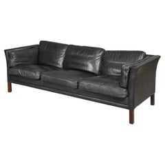 Midcentury Danish Modern Low Curved Arm Black Leather 3 Seat Sofa Wood Legs