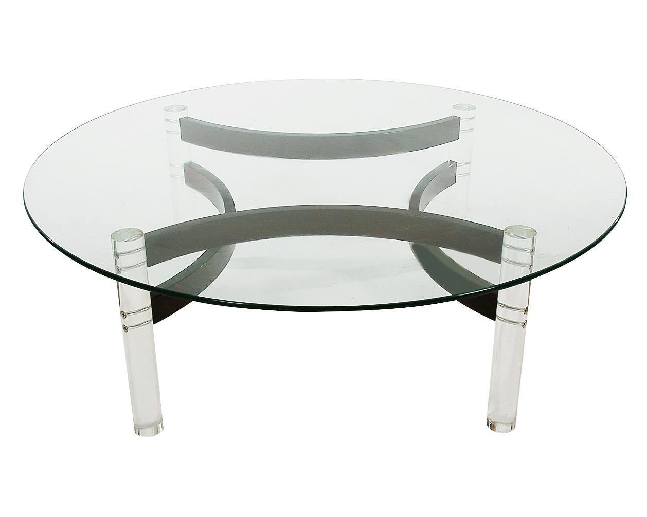 American Midcentury Danish Modern Lucite, Bentwood and Glass Circular Cocktail Table For Sale