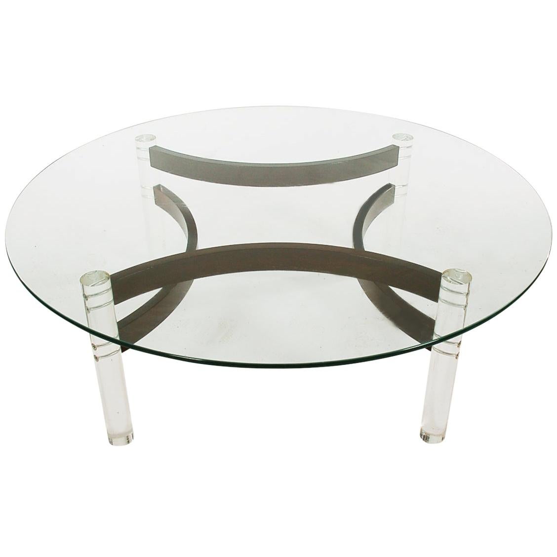 Midcentury Danish Modern Lucite, Bentwood and Glass Circular Cocktail Table