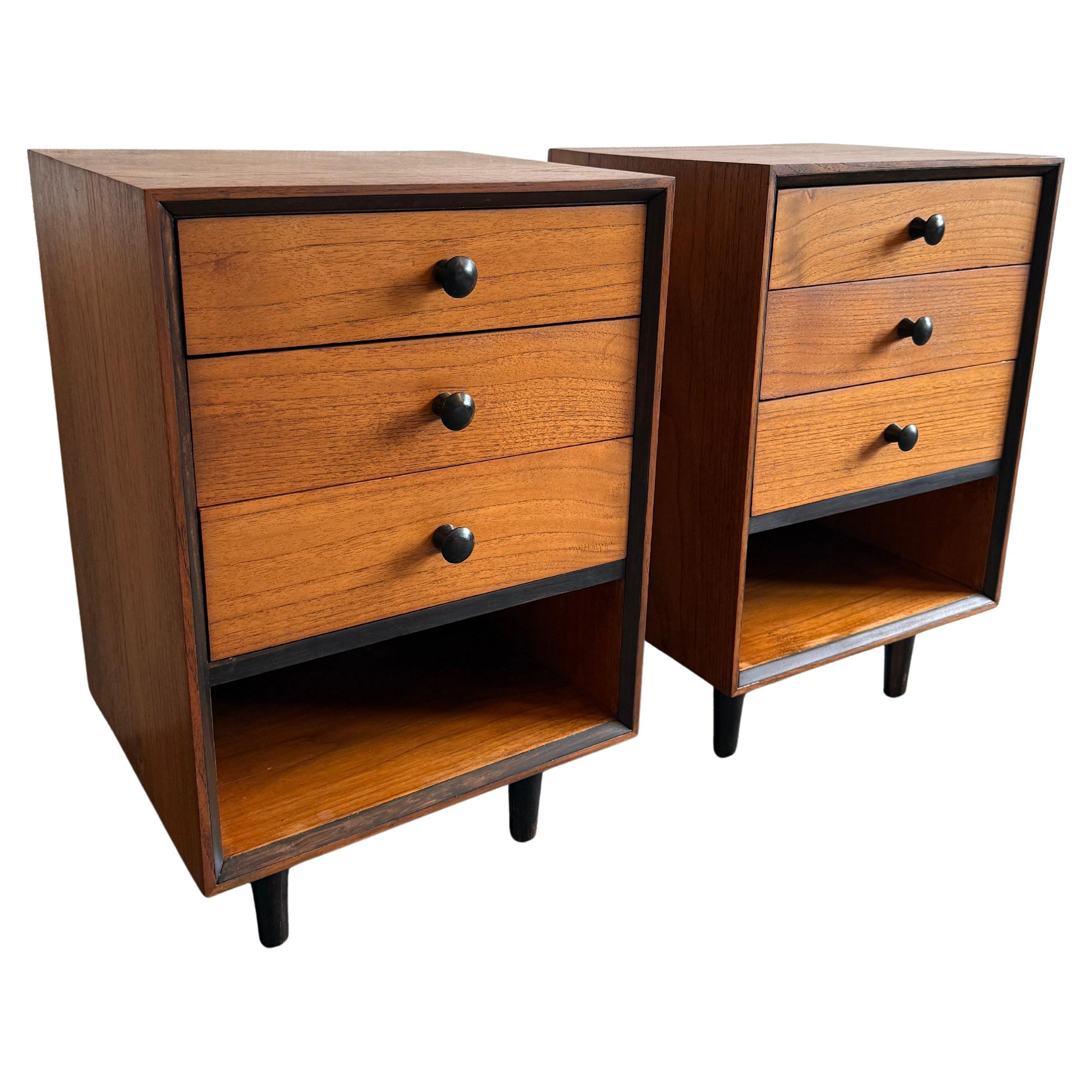 Mid century Danish modern narrow 3 drawer teak nightstands