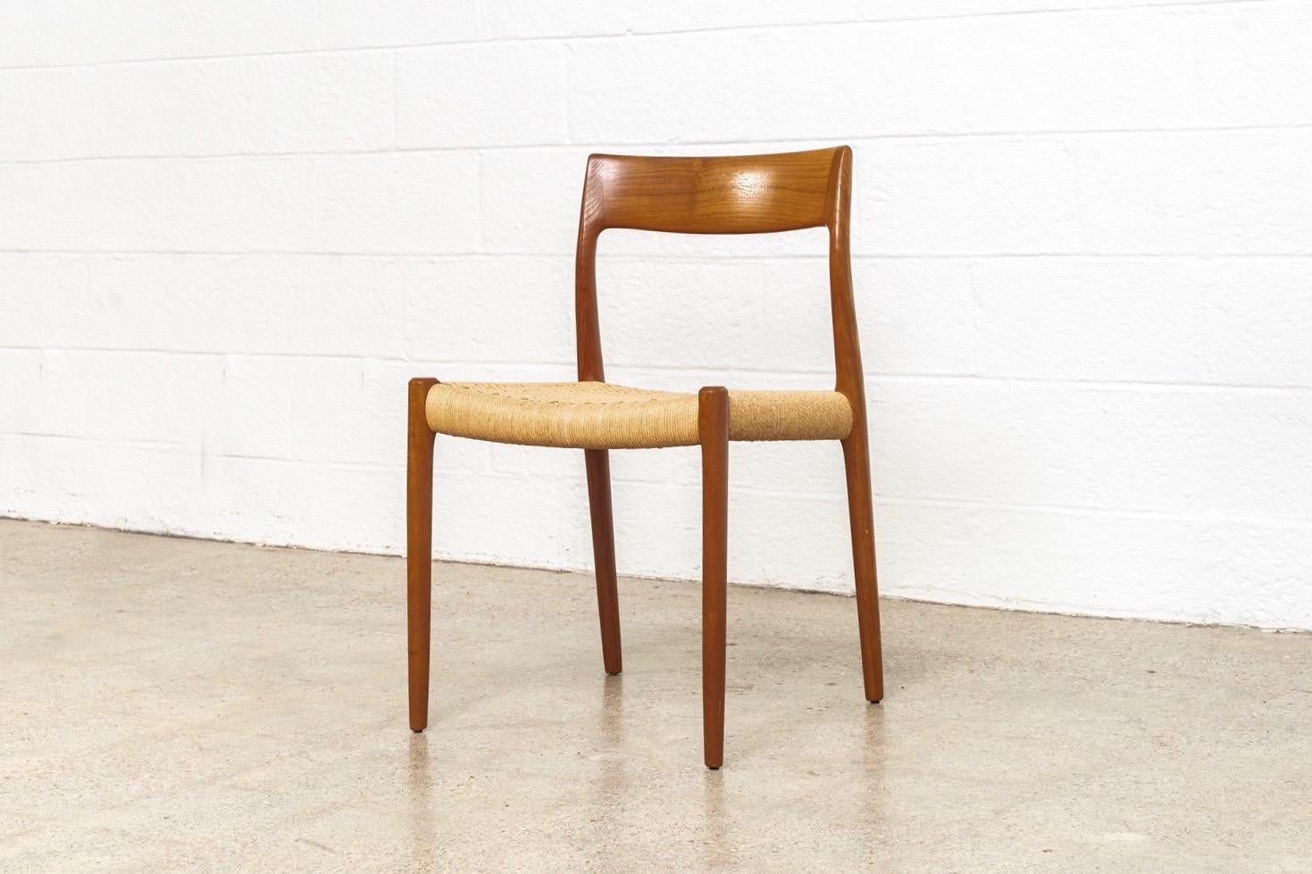 Note: This listing is for the two chairs which require seat repair.
      
This vintage midcentury Danish modern Niels Moller Model 77 dining chair was made in Denmark circa 1960. The iconic Scandinavian Modern design features clean, Minimalist