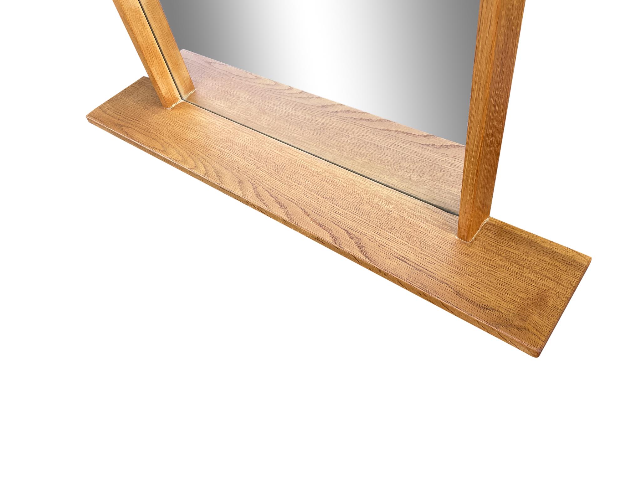 Woodwork Mid Century Danish Modern Oak Vanity Wall Mirror with Shelf For Sale