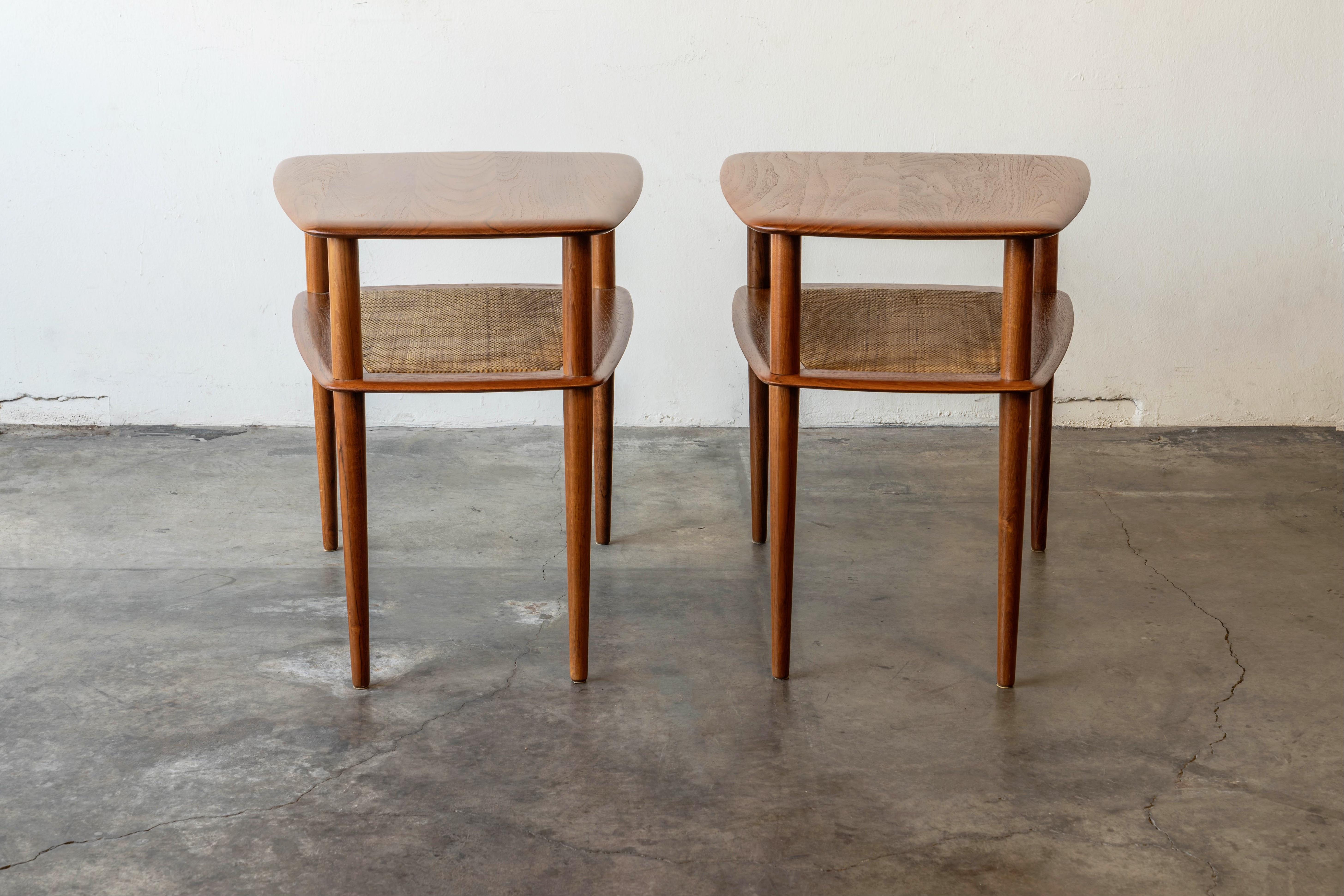 Mid-Century Modern Mid Century Danish Modern Pair of Peter Hvidt Solid Teak & Cane Side Tables