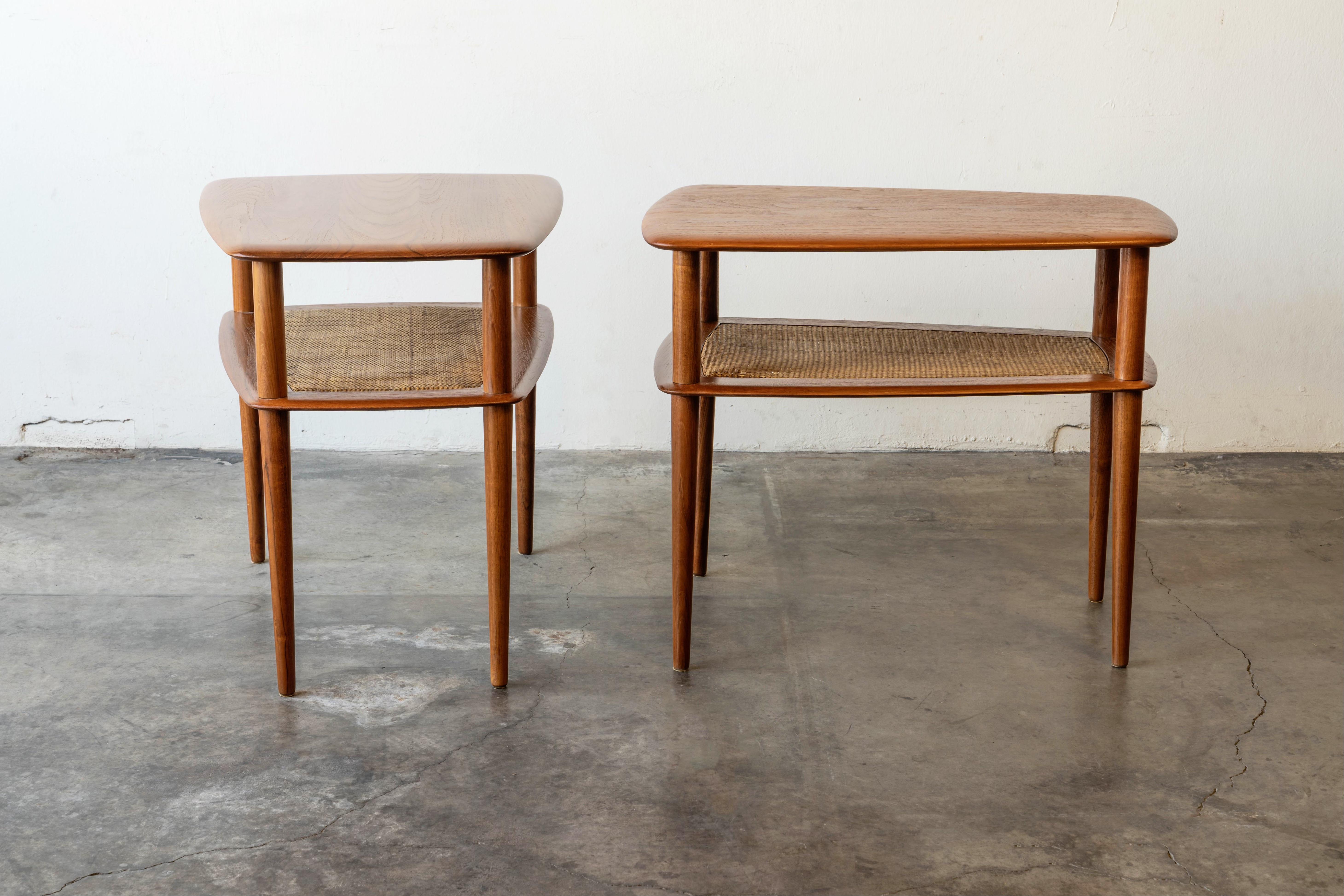 Mid Century Danish Modern Pair of Peter Hvidt Solid Teak & Cane Side Tables In Good Condition In Las Vegas, NV
