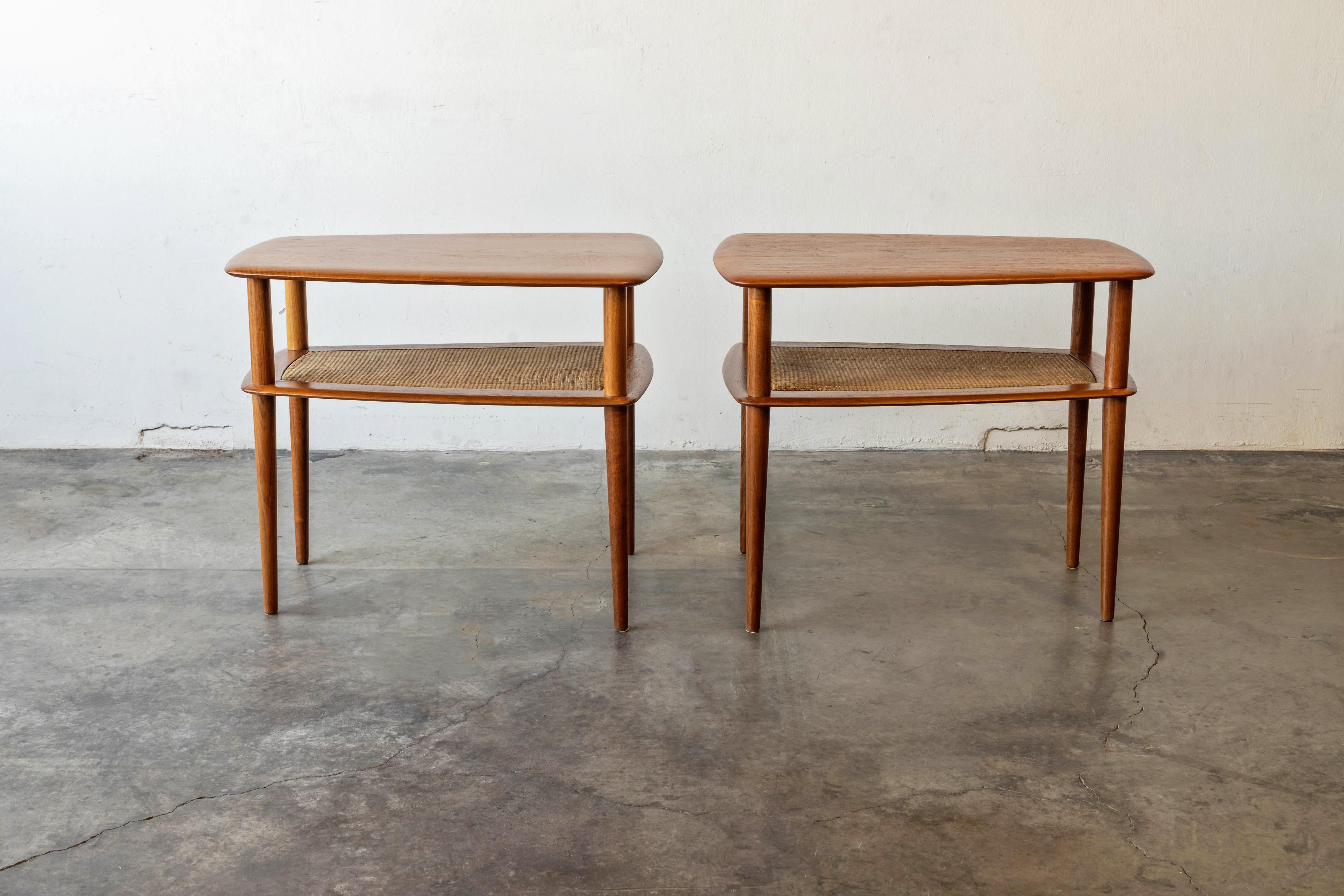 Mid-20th Century Mid Century Danish Modern Pair of Peter Hvidt Solid Teak & Cane Side Tables