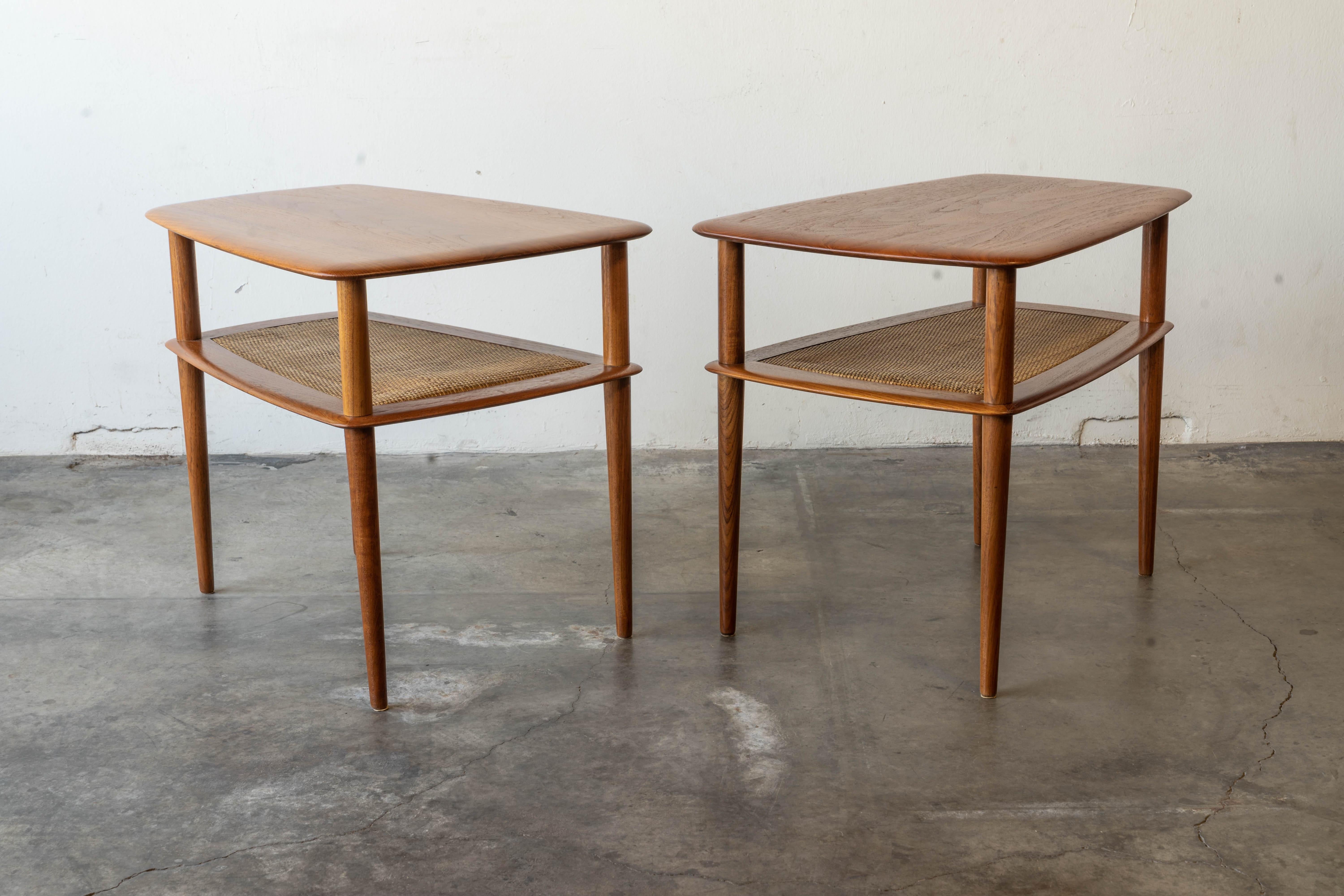 Mid Century Danish Modern Pair of Peter Hvidt Solid Teak & Cane Side Tables 1