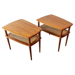 Mid Century Danish Modern Pair of Peter Hvidt Solid Teak & Cane Side Tables