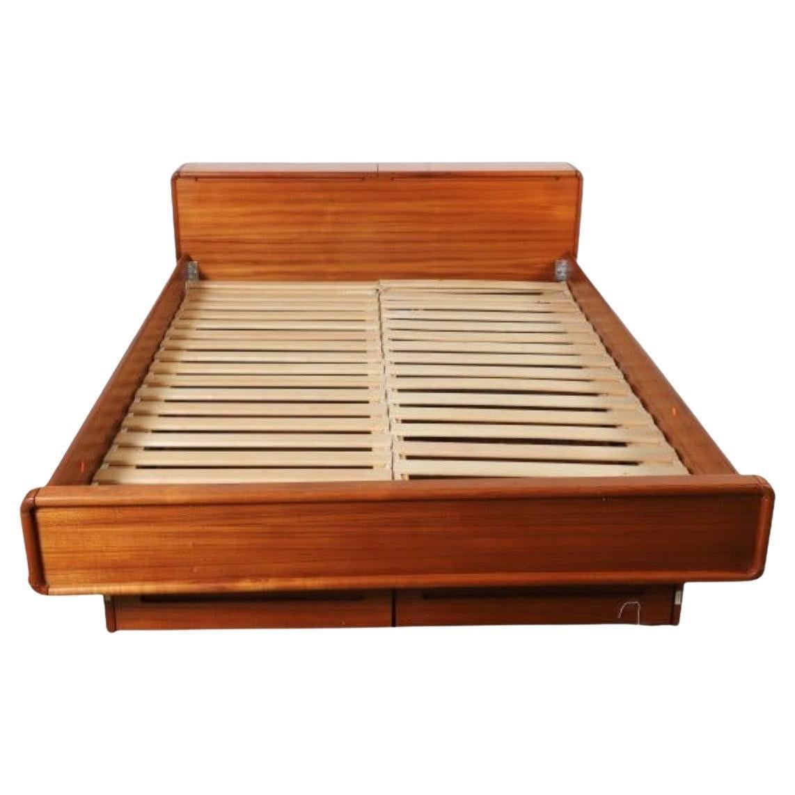 Mid century Danish Modern Queen teak Platform bed headboad with blanket storage