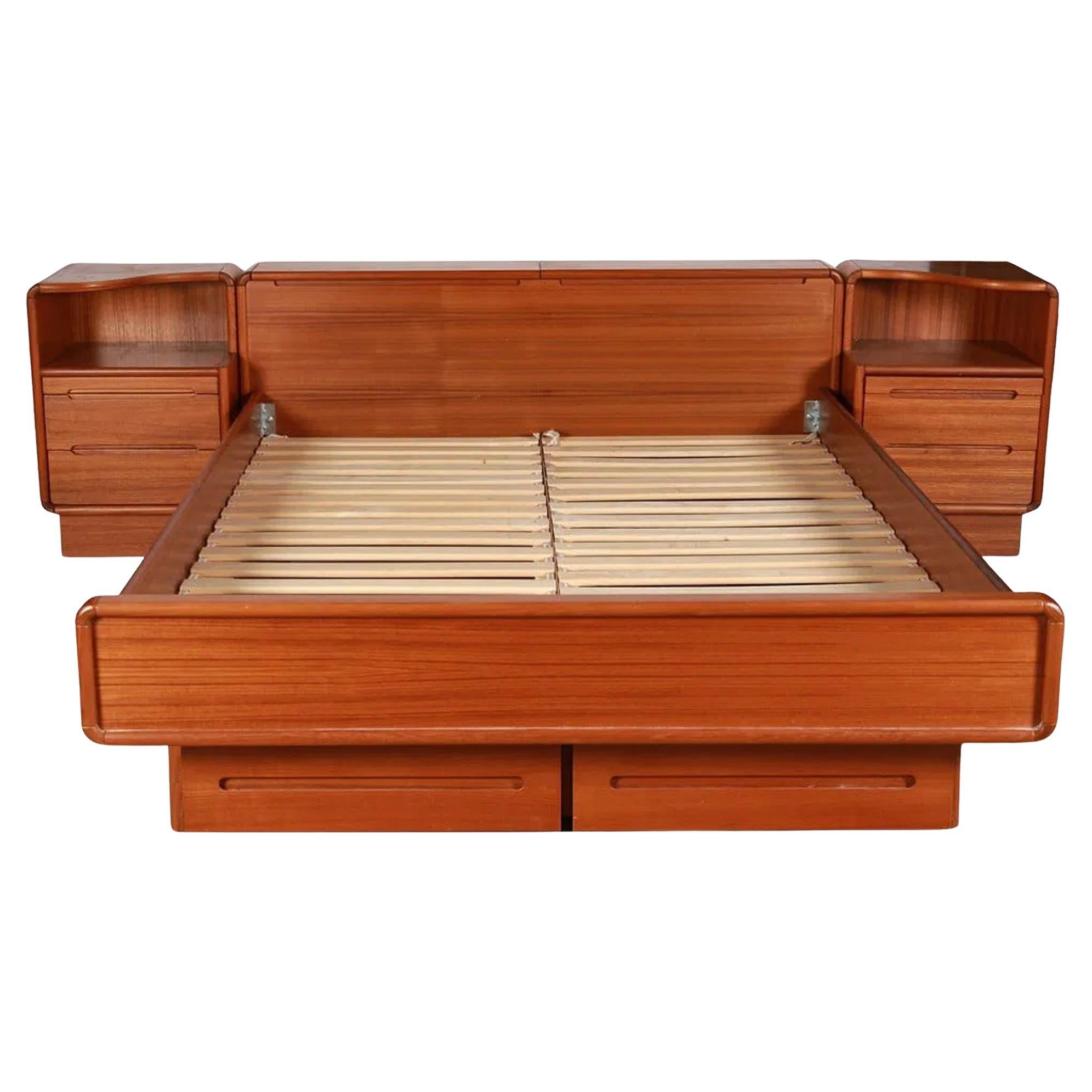 Mid century Danish Modern Queen teak Platform bed Nightstands headboard storage