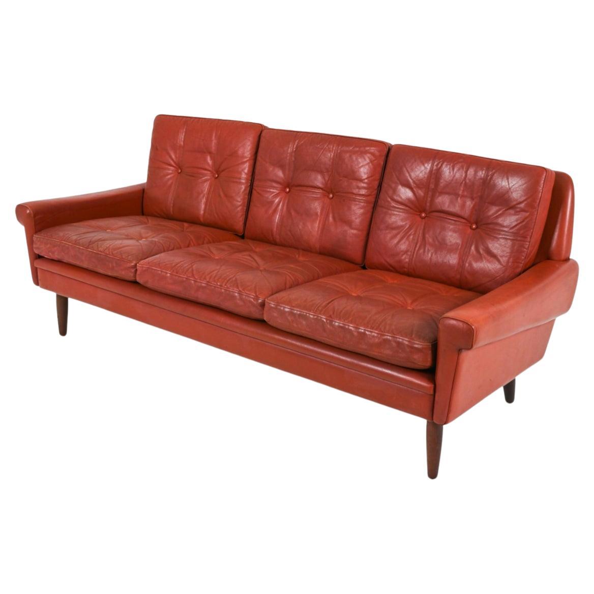 Scandinavian Modern Mid century Danish modern red leather 3 seat sofa For Sale