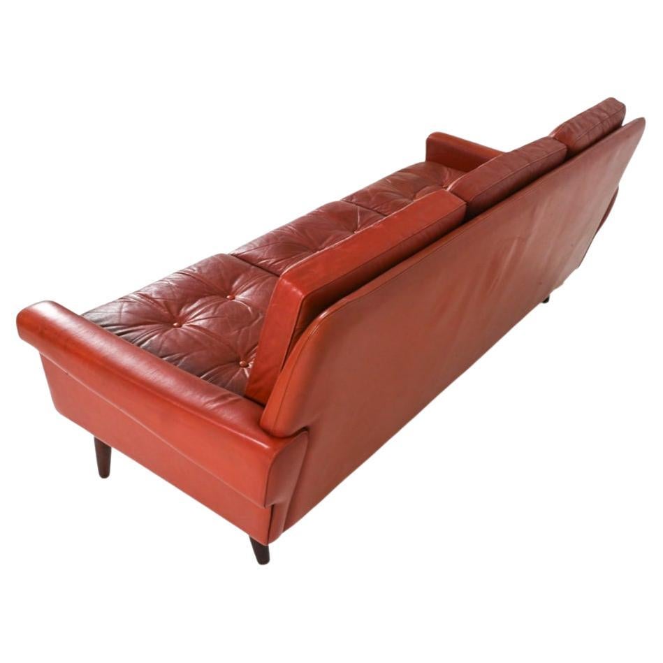 Woodwork Mid century Danish modern red leather 3 seat sofa For Sale