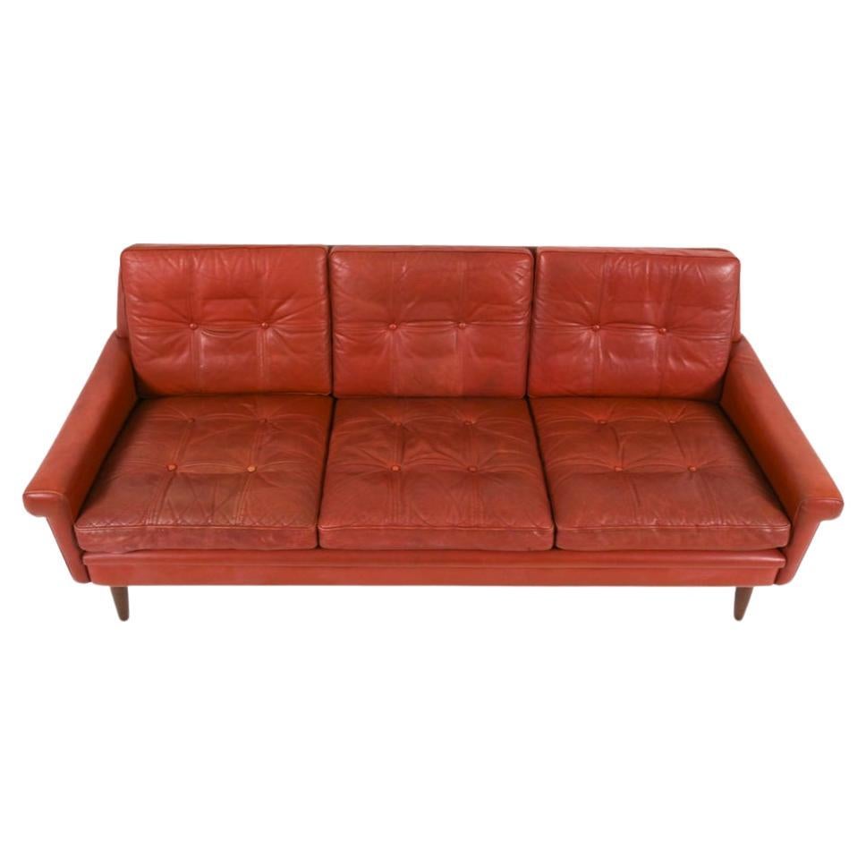 Mid-20th Century Mid century Danish modern red leather 3 seat sofa For Sale