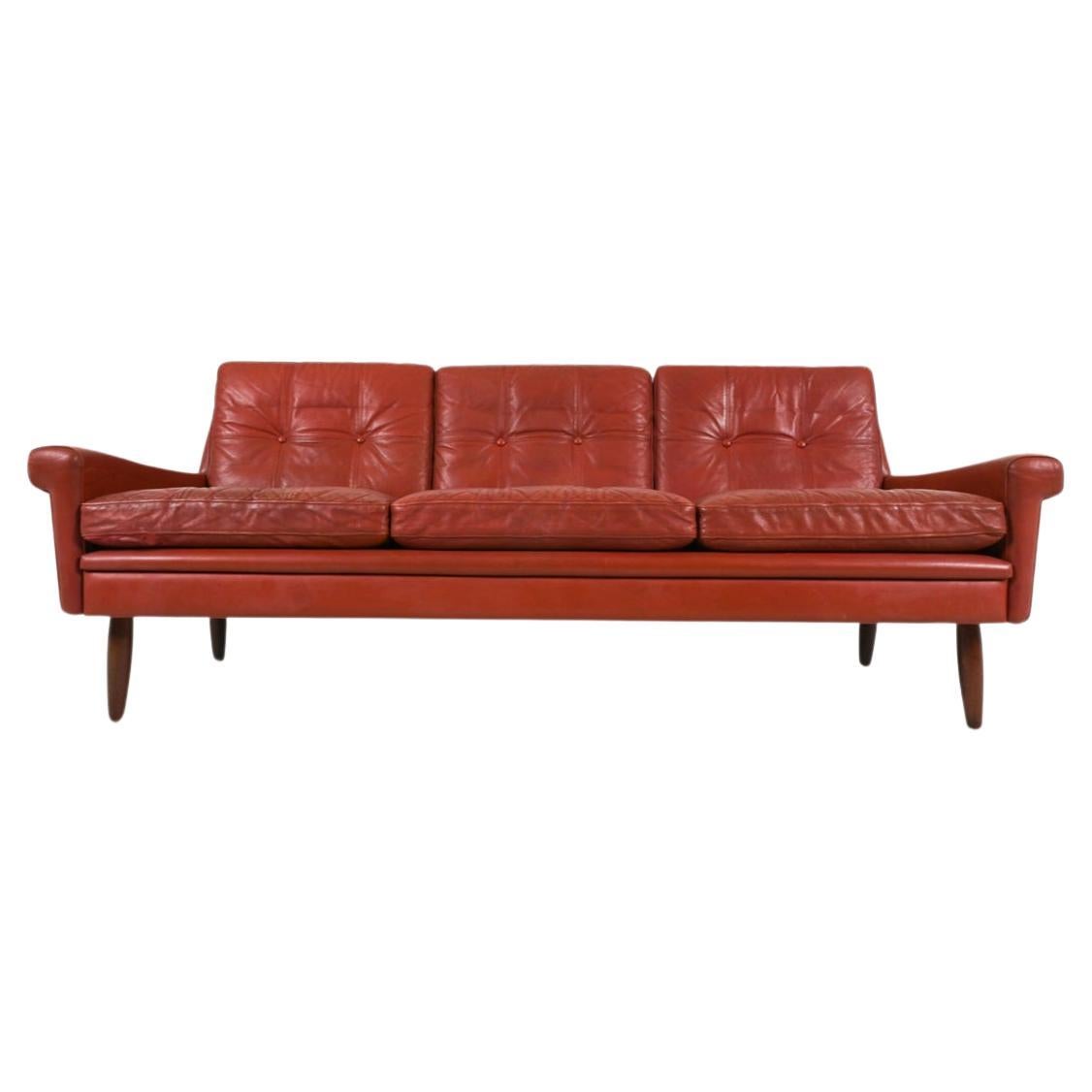 Mid century Danish modern red leather 3 seat sofa For Sale